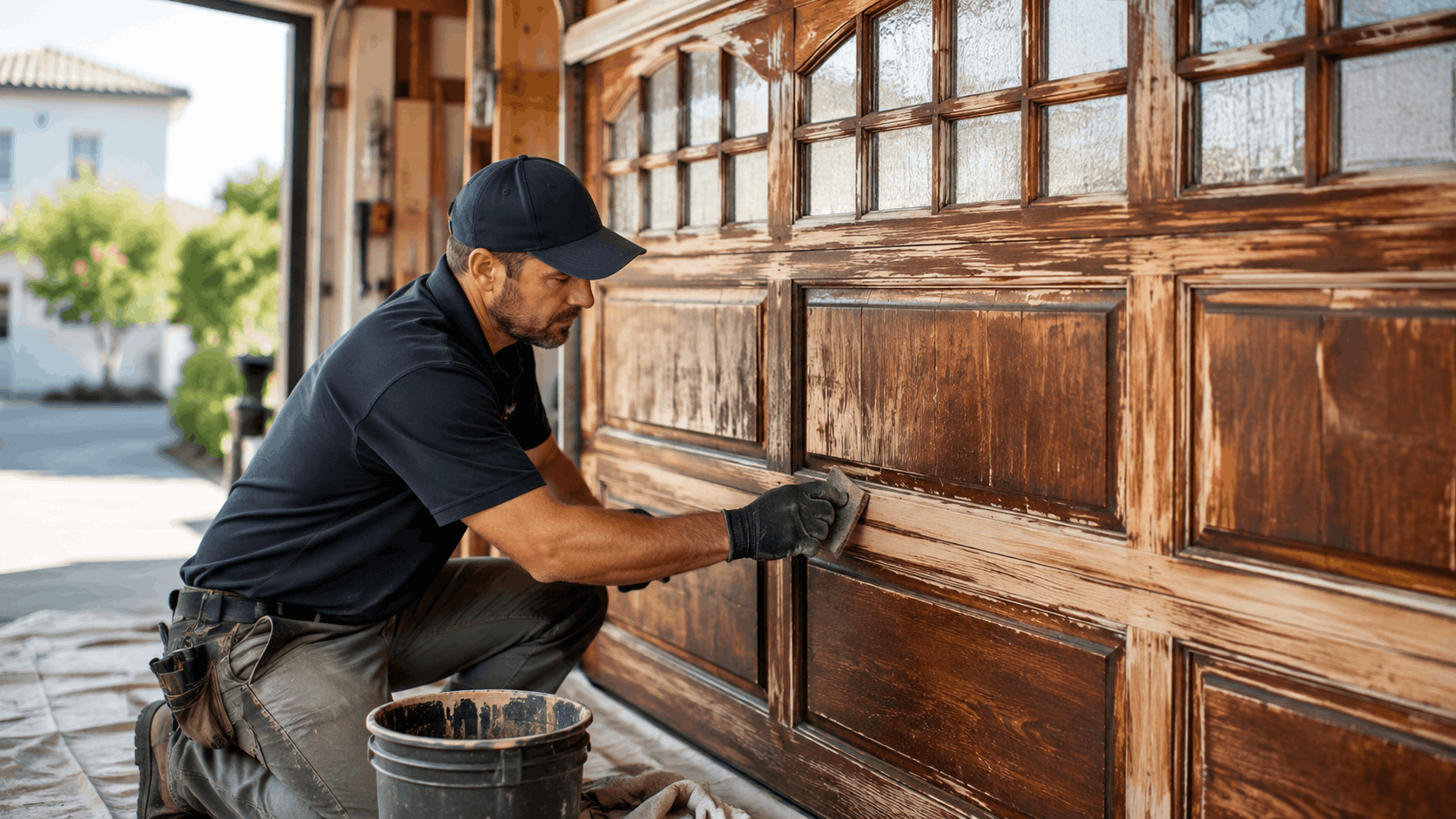 Professional technician restoring and refinishing historic wooden garage door panels in Irvine