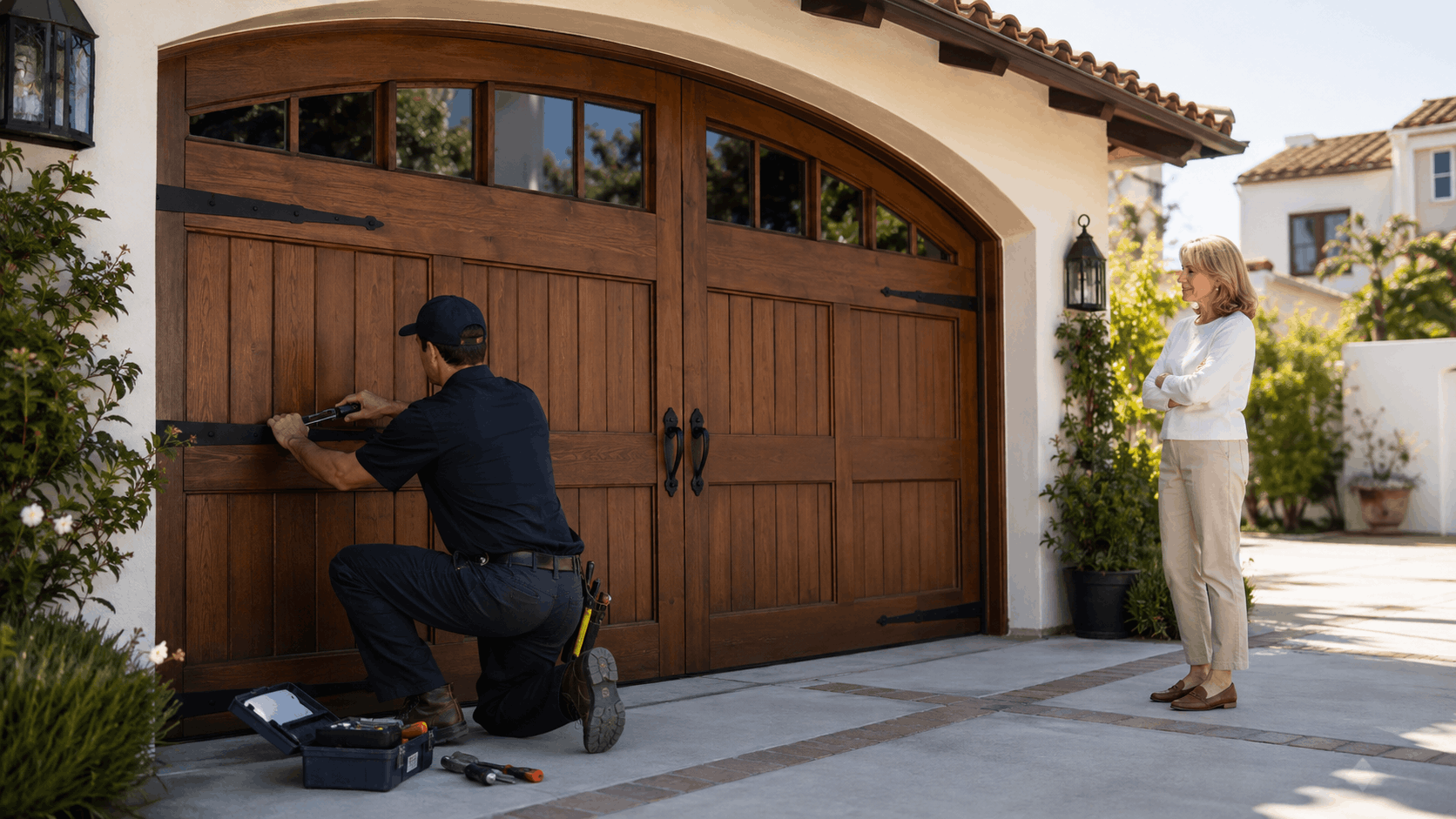 Technician repairing vintage wooden garage door while homeowner watches in Irvine