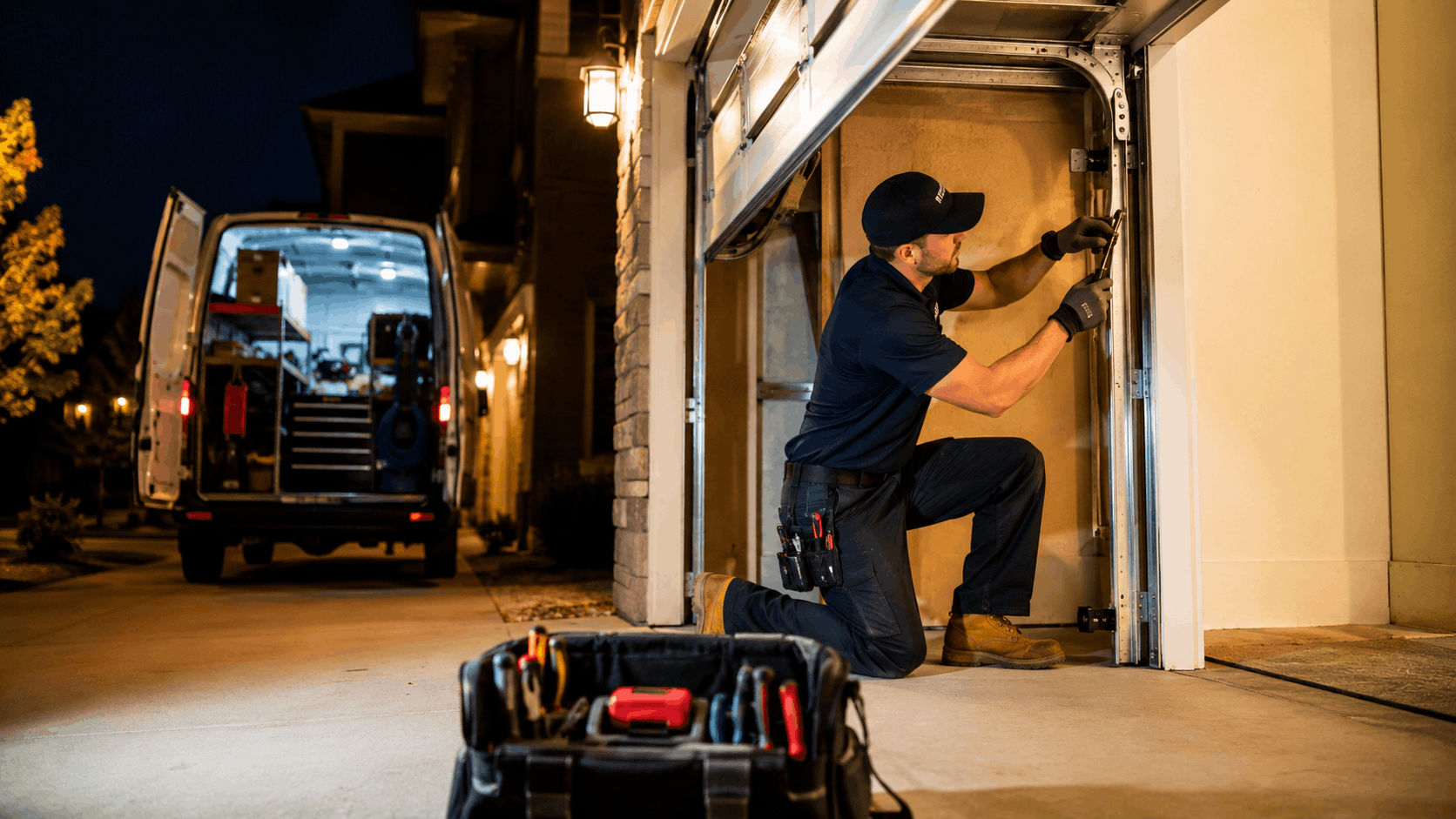 Technician repairing garage door track at night during emergency service call