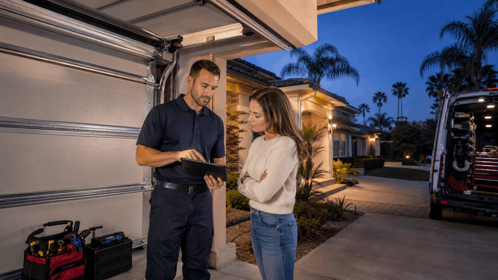 Garage door technician showing after-hours repair estimate on tablet to Irvine homeowner