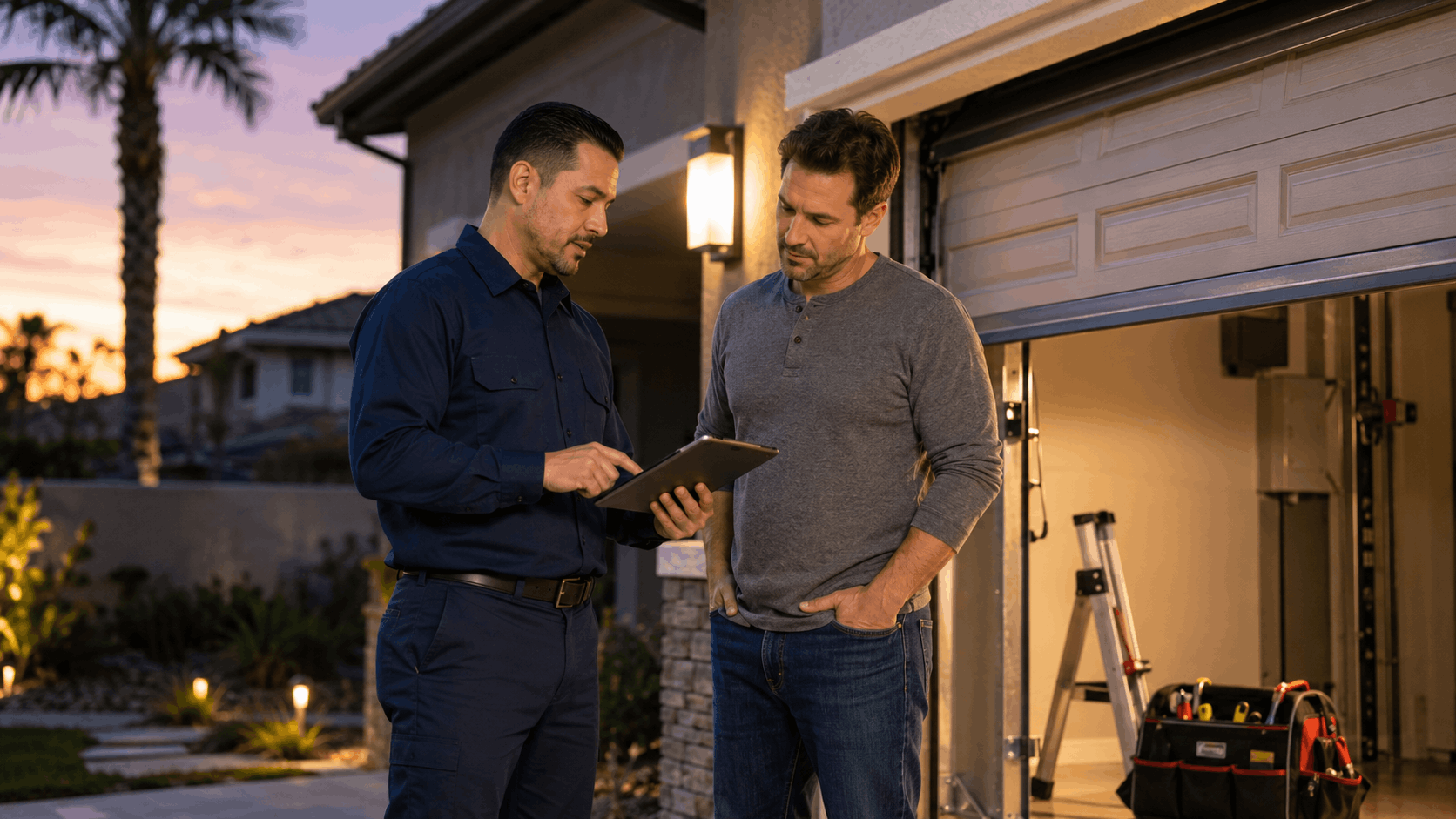 Garage door technician reviewing repair estimate with Irvine homeowner on tablet at dusk