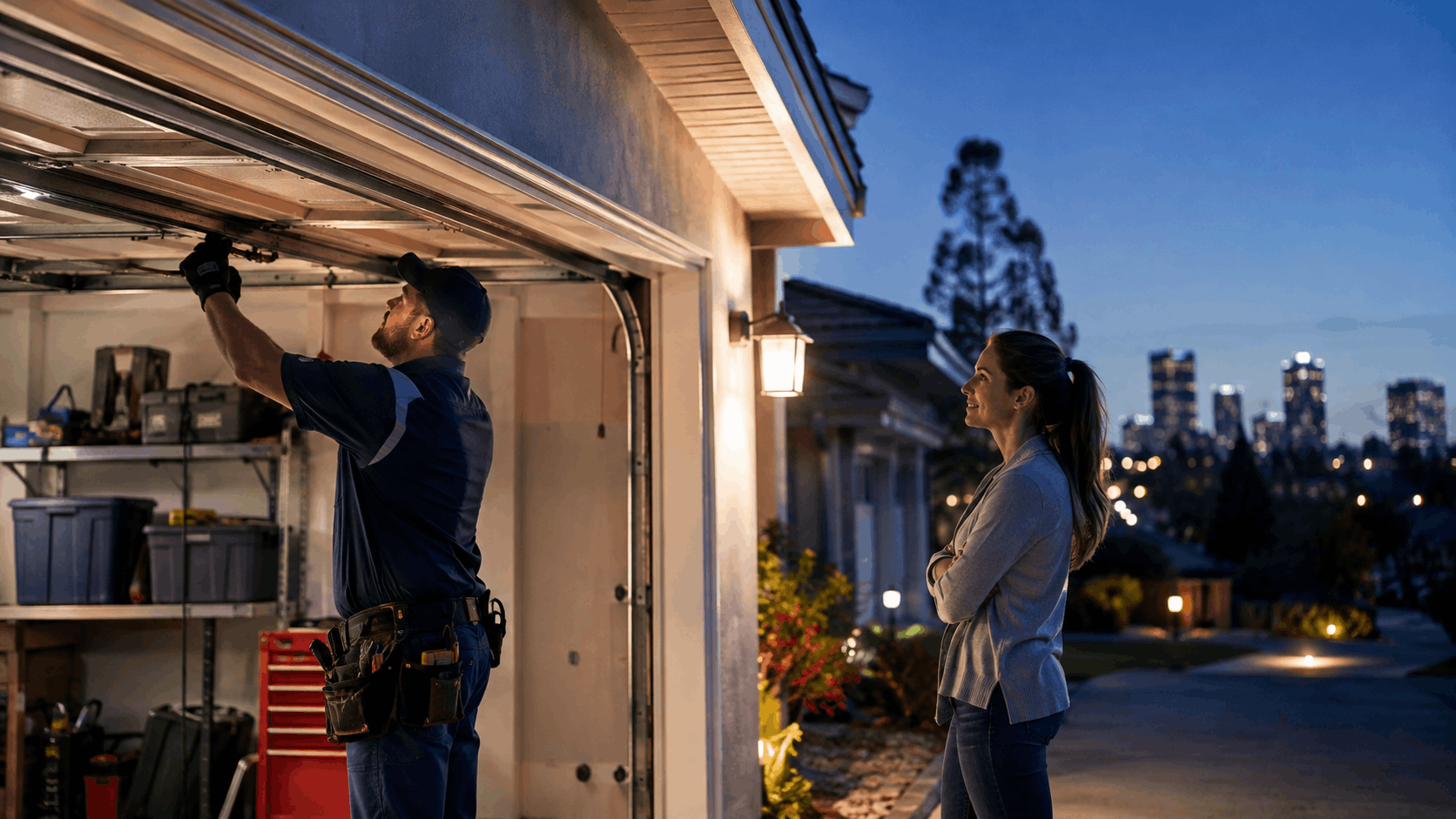 Garage door technician repairing overhead door while Irvine homeowner watches at dusk