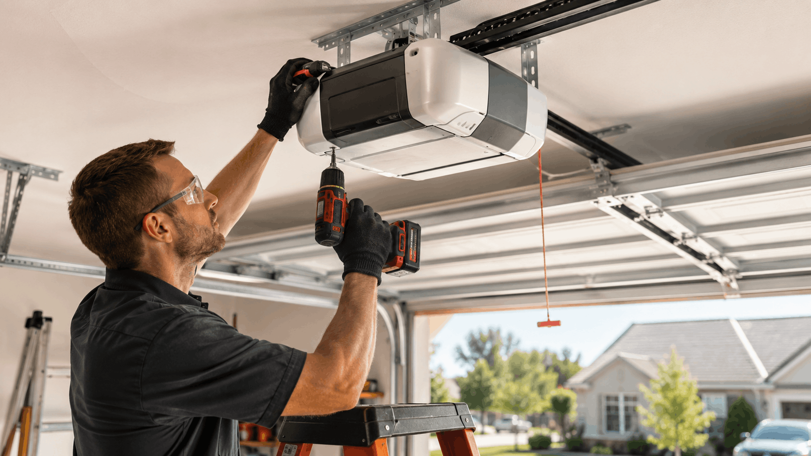 Technician installing garage door opener motor unit with power drill in Irvine home