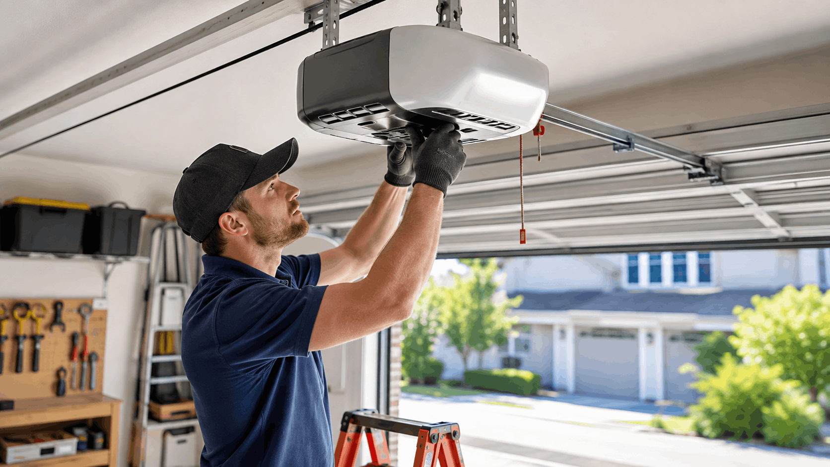 Technician installing Genie garage door opener on ceiling track in Irvine home