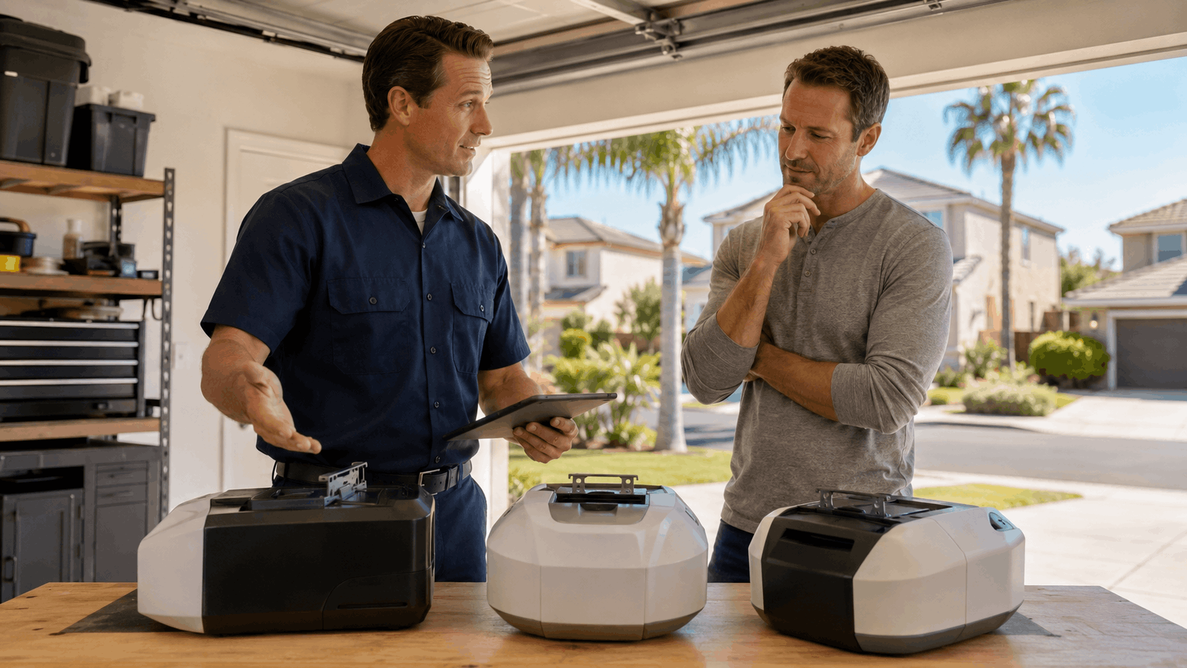 Technician comparing three garage door openers with Irvine homeowner in sunny garage