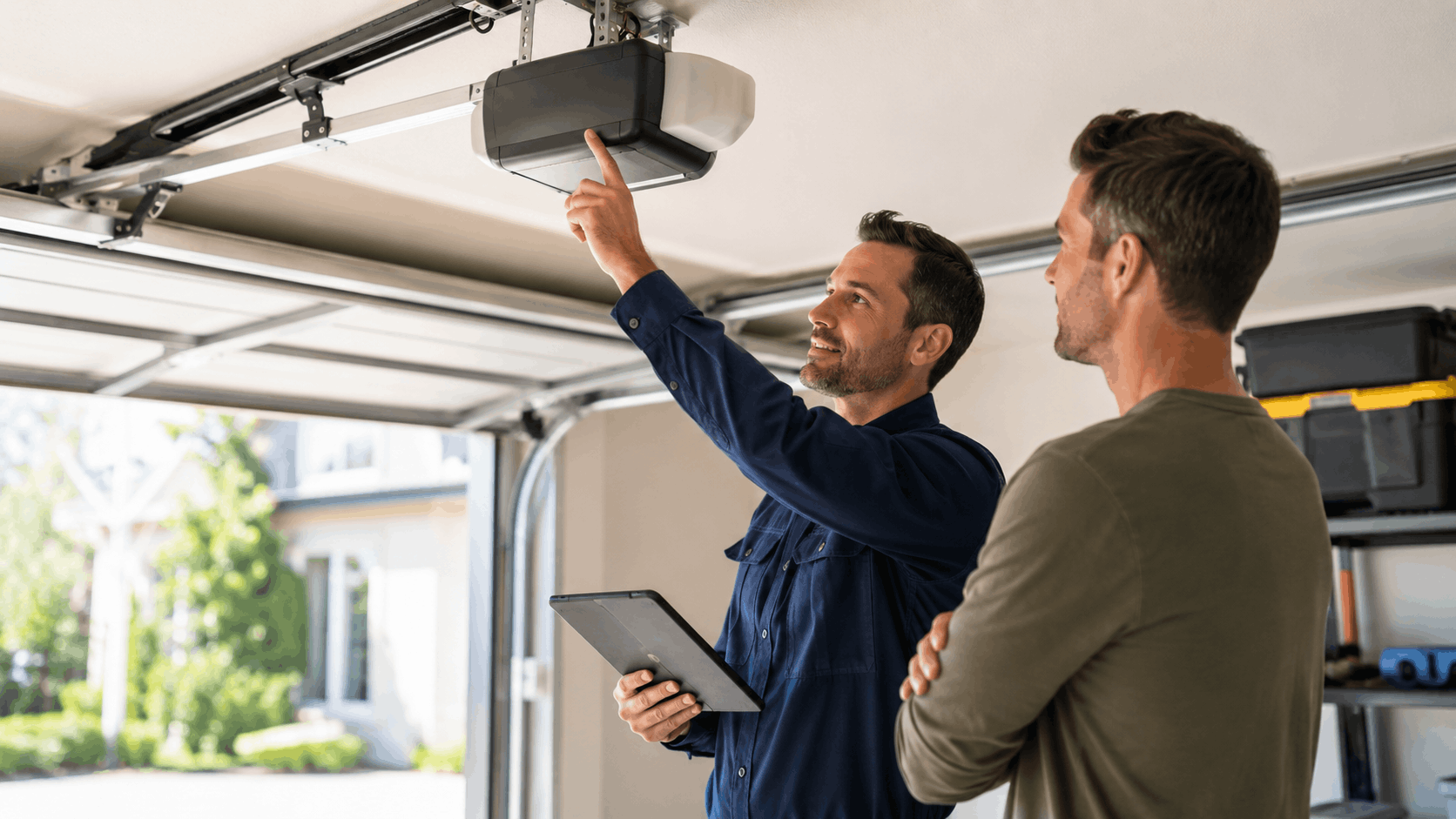 Garage door technician inspecting overhead opener motor unit with homeowner in Irvine garage