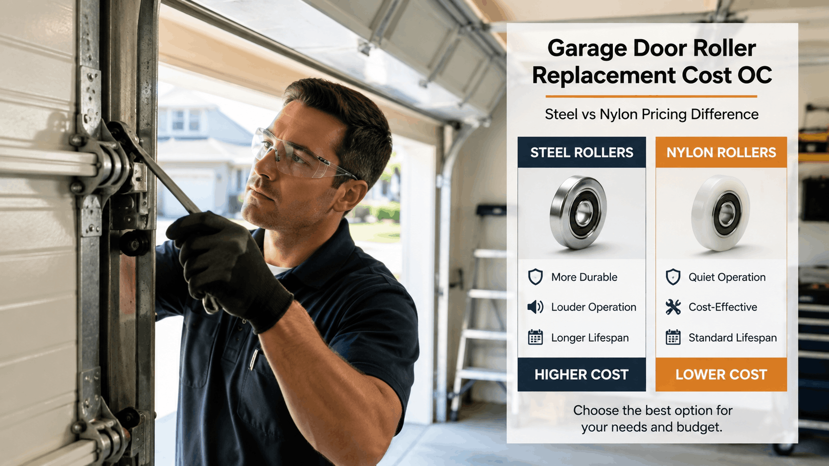 Technician replacing garage door rollers with steel vs nylon roller comparison infographic