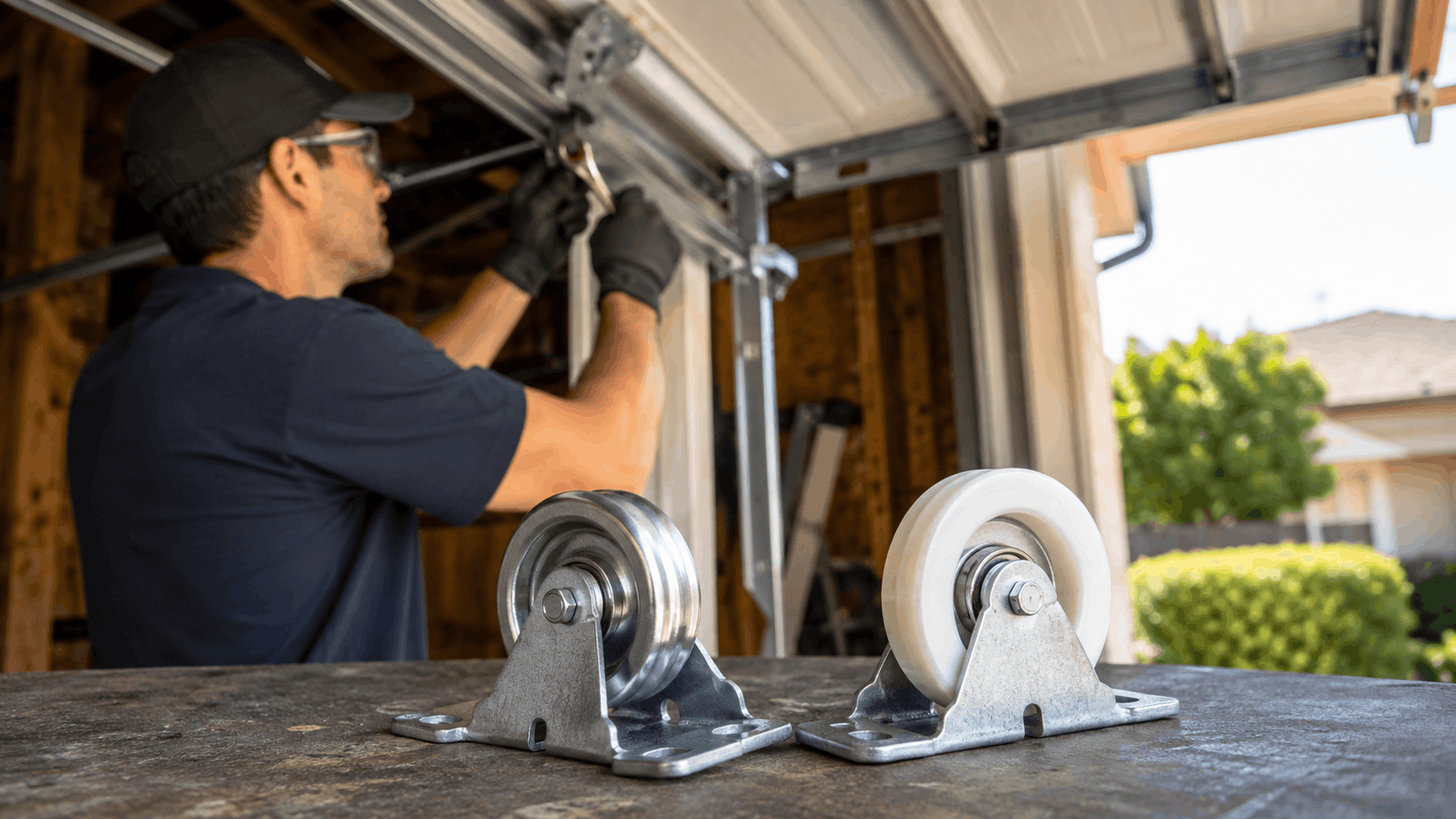 Garage door technician replacing rollers with new steel and nylon rollers in Irvine