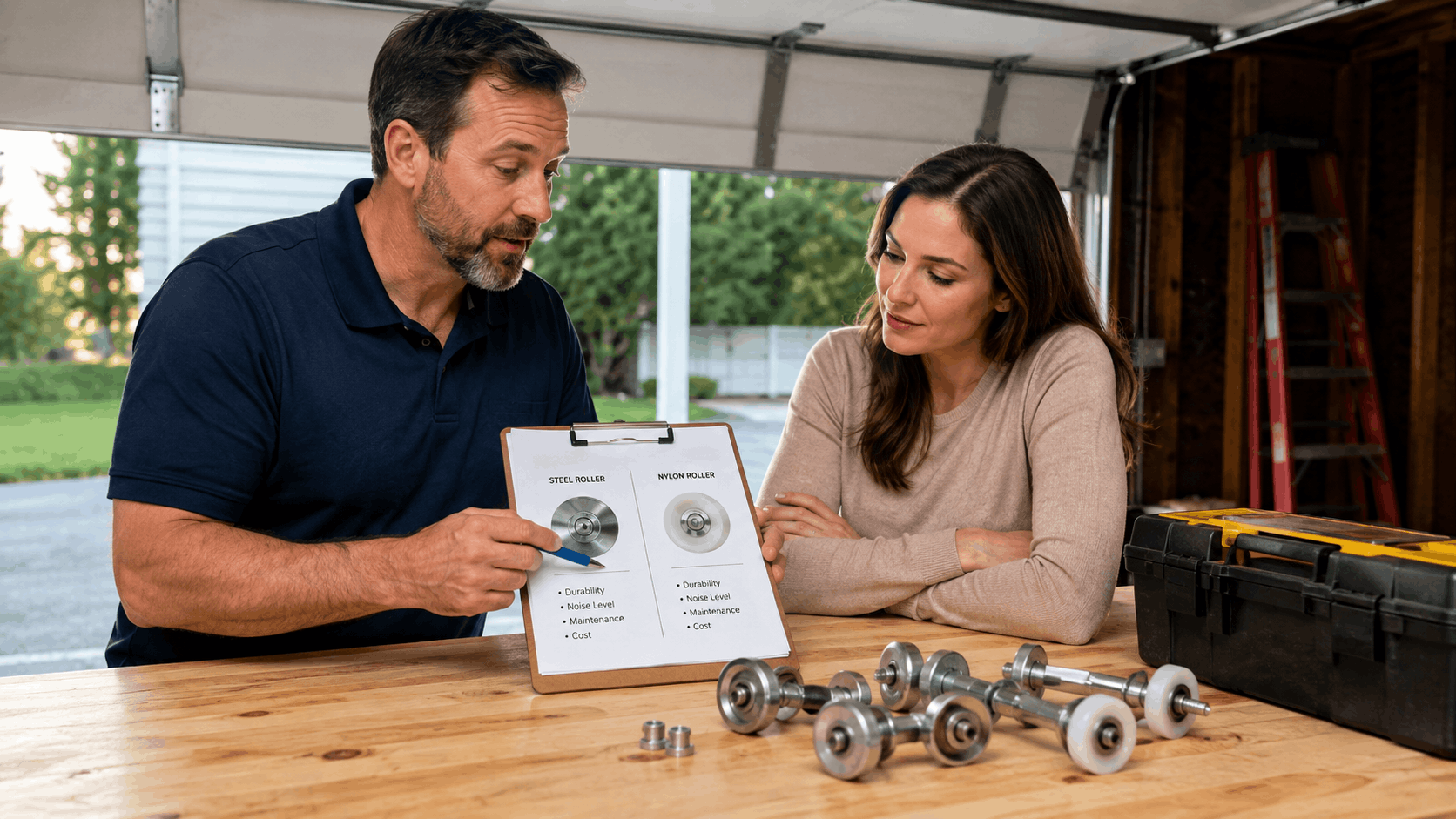 Garage door technician explaining steel vs nylon roller options to Irvine homeowner