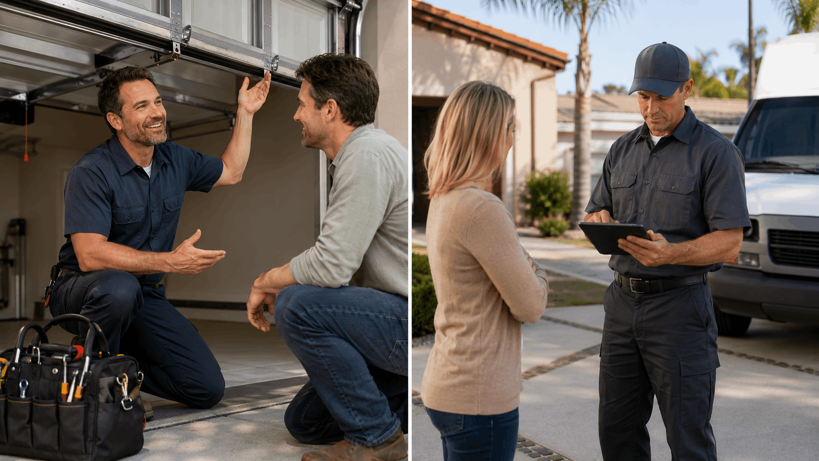 Family-owned garage door technician explaining repair to homeowner and consulting female customer outdoors
