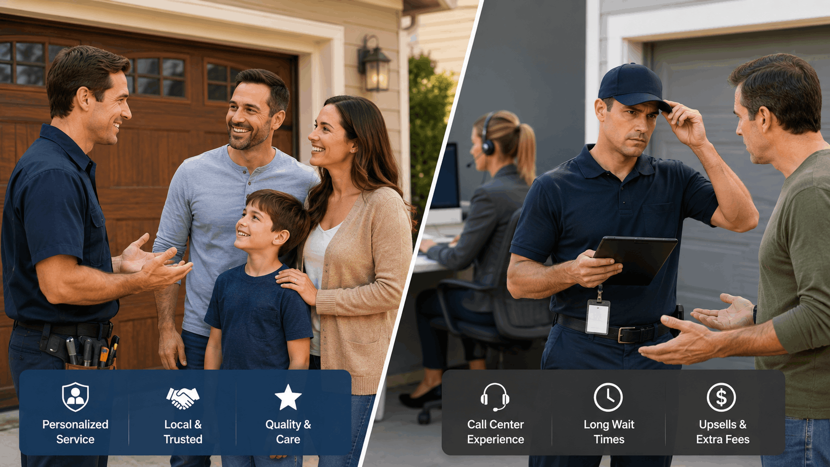 Local Irvine garage door technician providing transparent personalized service versus corporate upsells