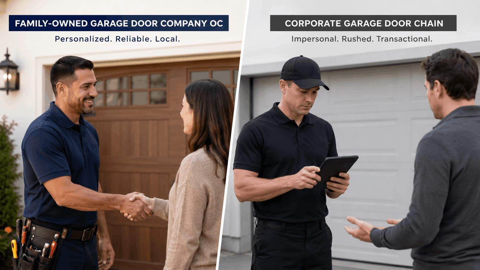 Family-owned garage door technician shaking hands with Irvine homeowner versus corporate technician ignoring customer