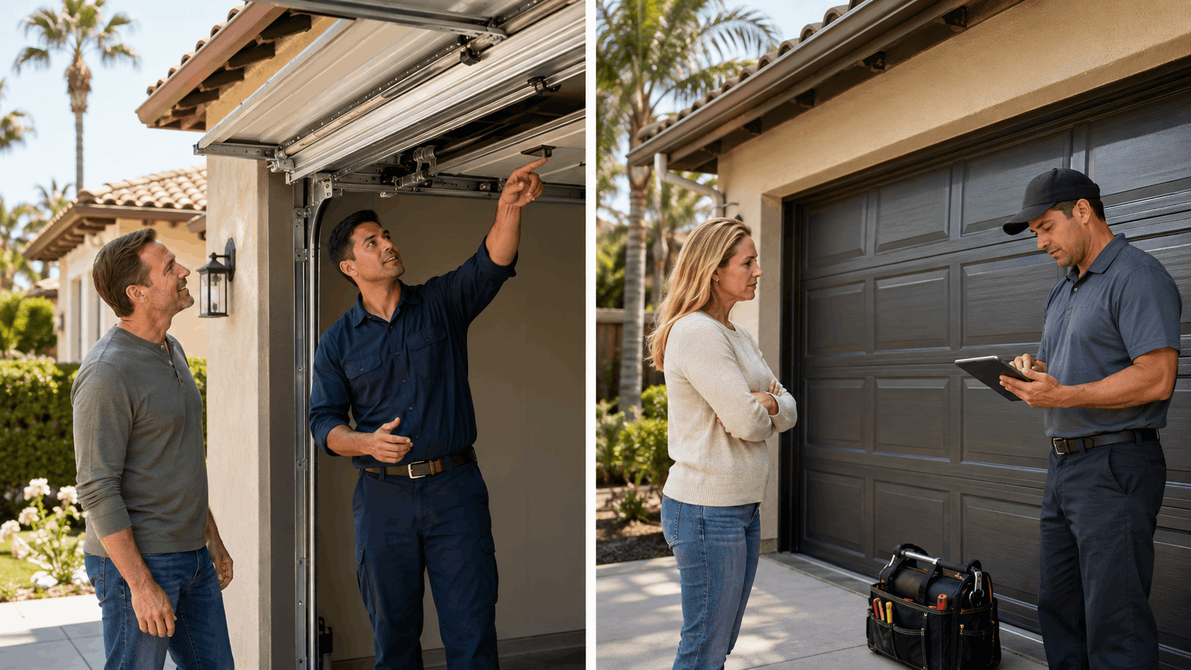 Garage door technician inspecting mechanism with homeowner in Irvine California
