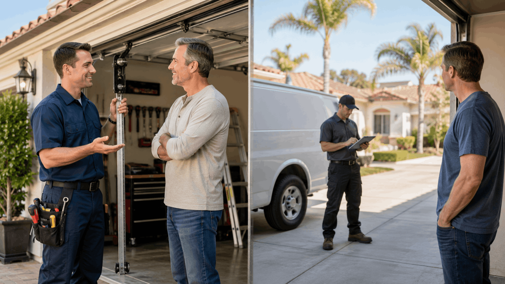 Garage door technician explaining repair options to homeowner in Irvine driveway