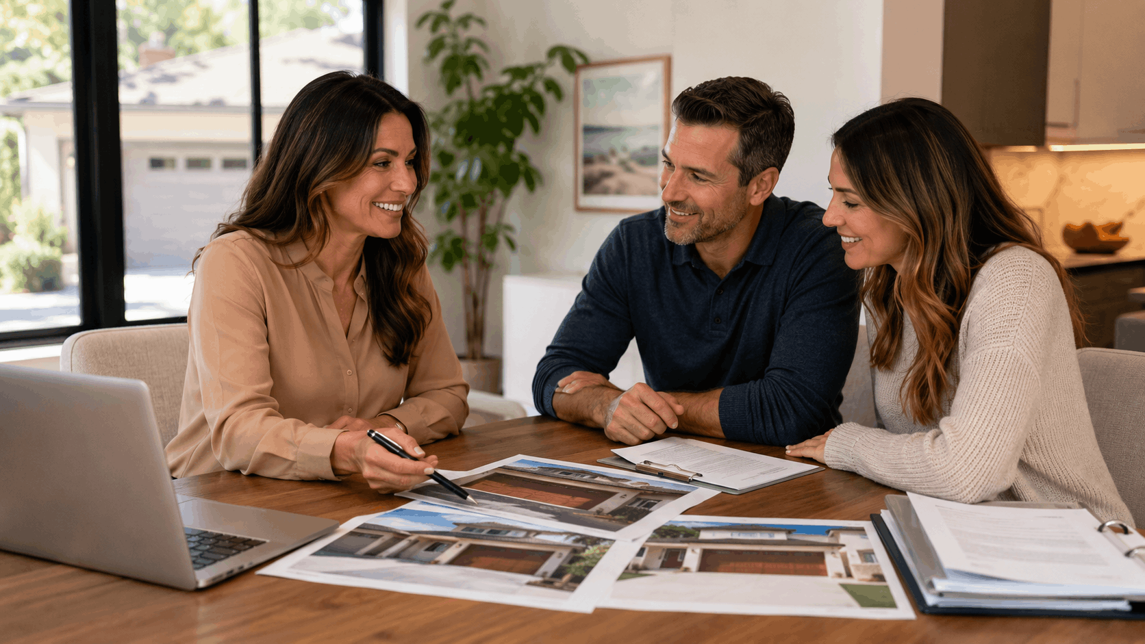 Real estate agent showing HOA documents and garage door photos to homeowners in Irvine