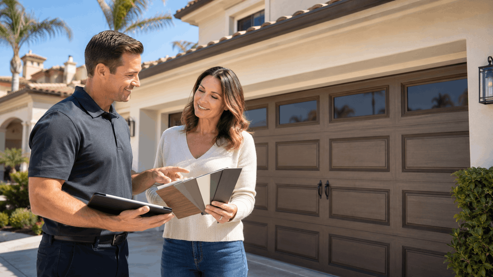 Homeowner and contractor reviewing garage door samples outside Irvine Mediterranean-style home