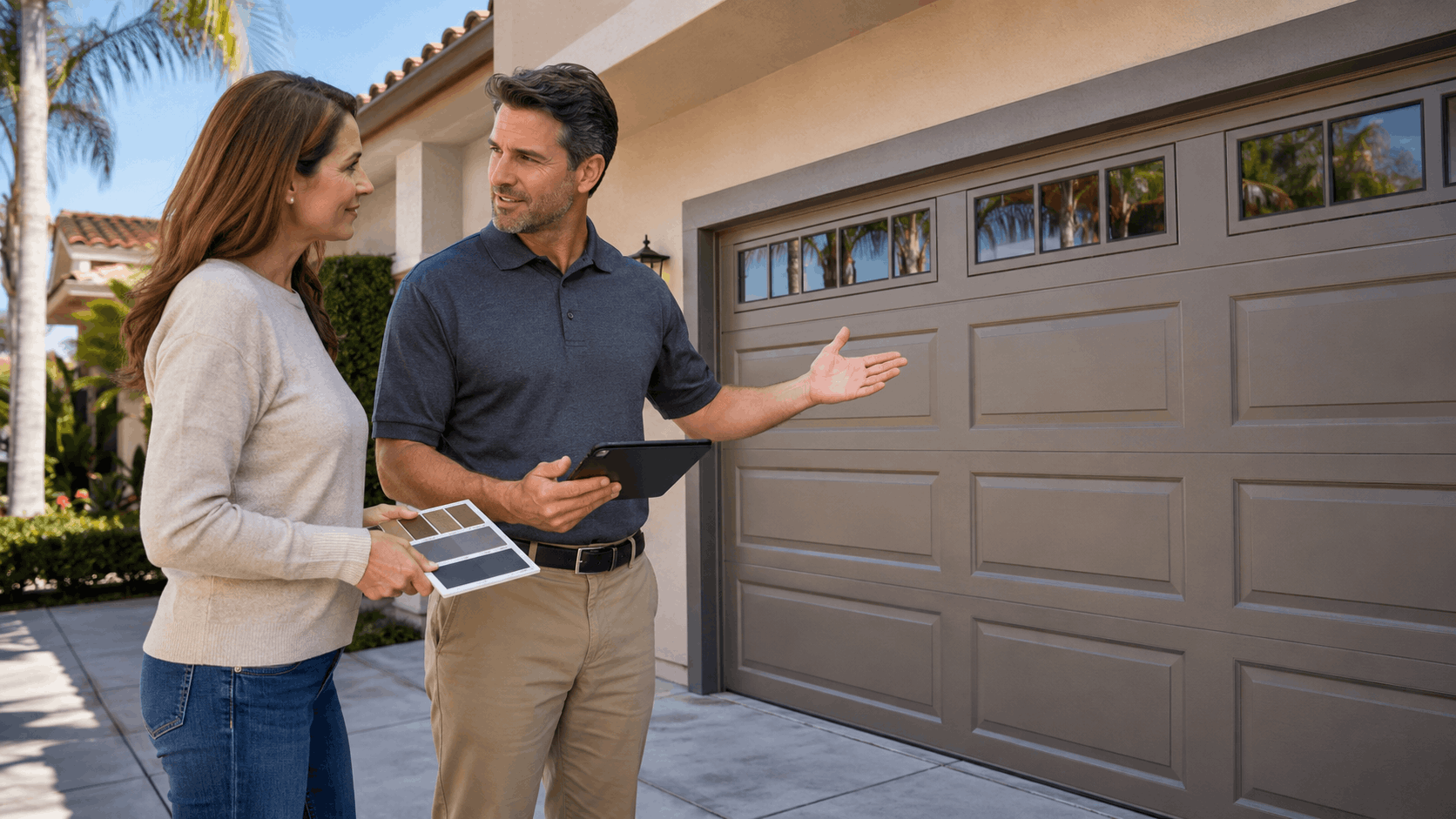 HOA consultant reviewing garage door color samples with Irvine homeowner on driveway