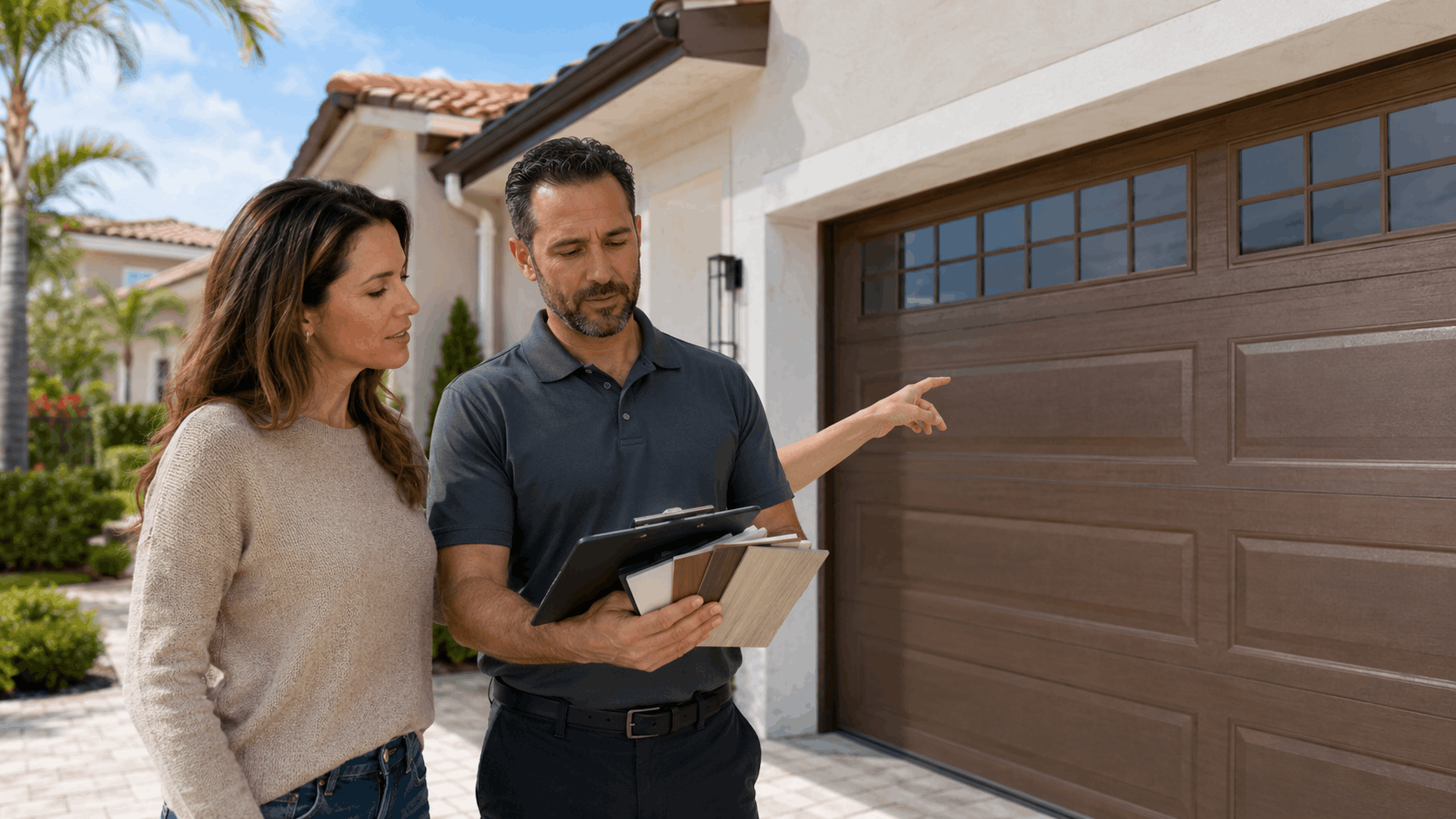 Garage door specialist showing homeowner clipboard while inspecting brown garage door Irvine