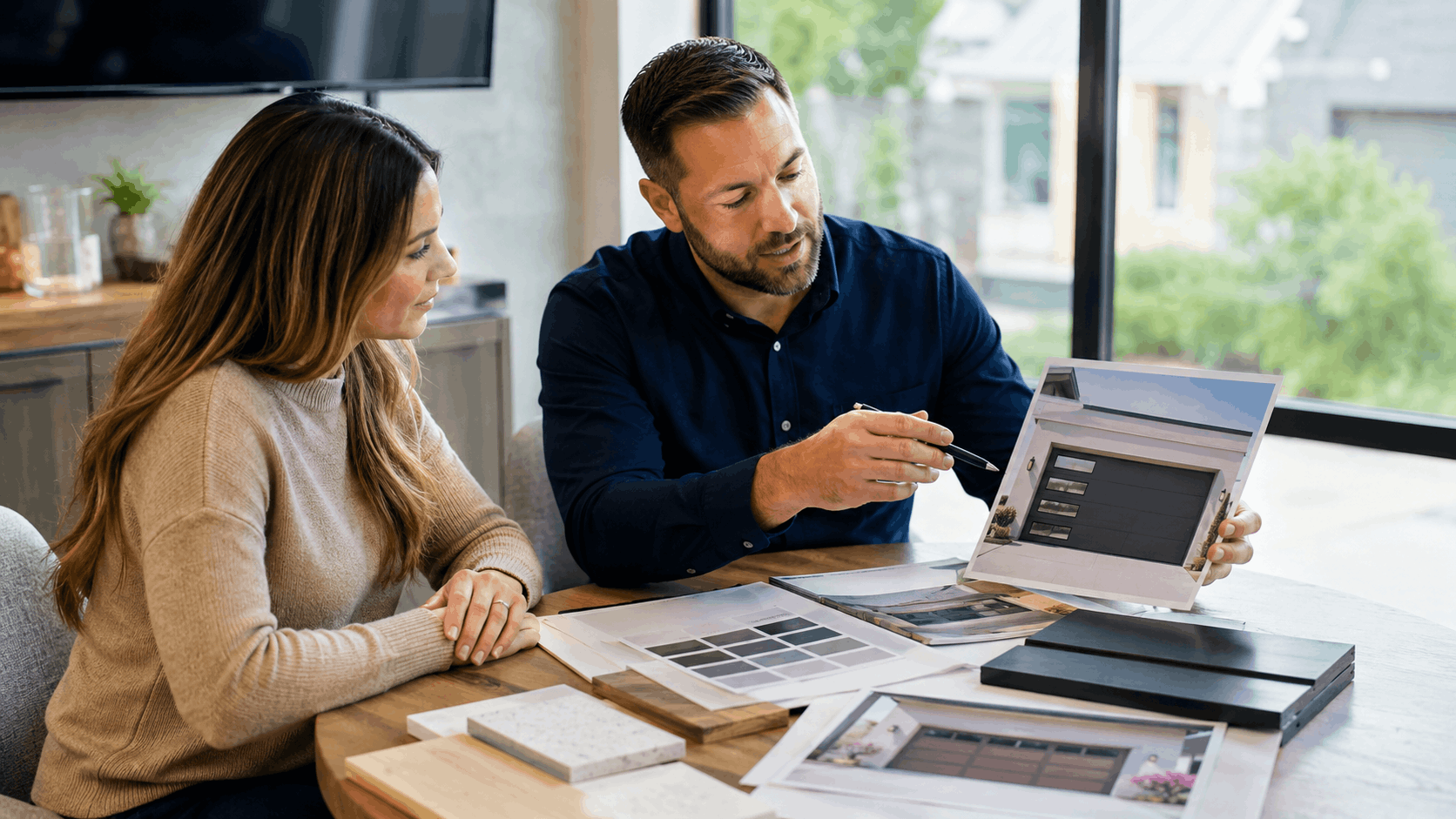 Homeowner and garage door specialist reviewing door style samples and brochures together