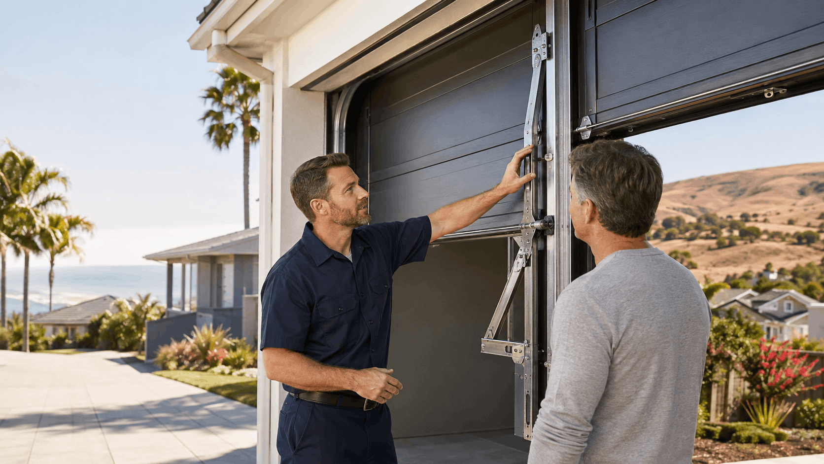 Garage door technician inspecting wind load hardware and hinges with Irvine homeowner