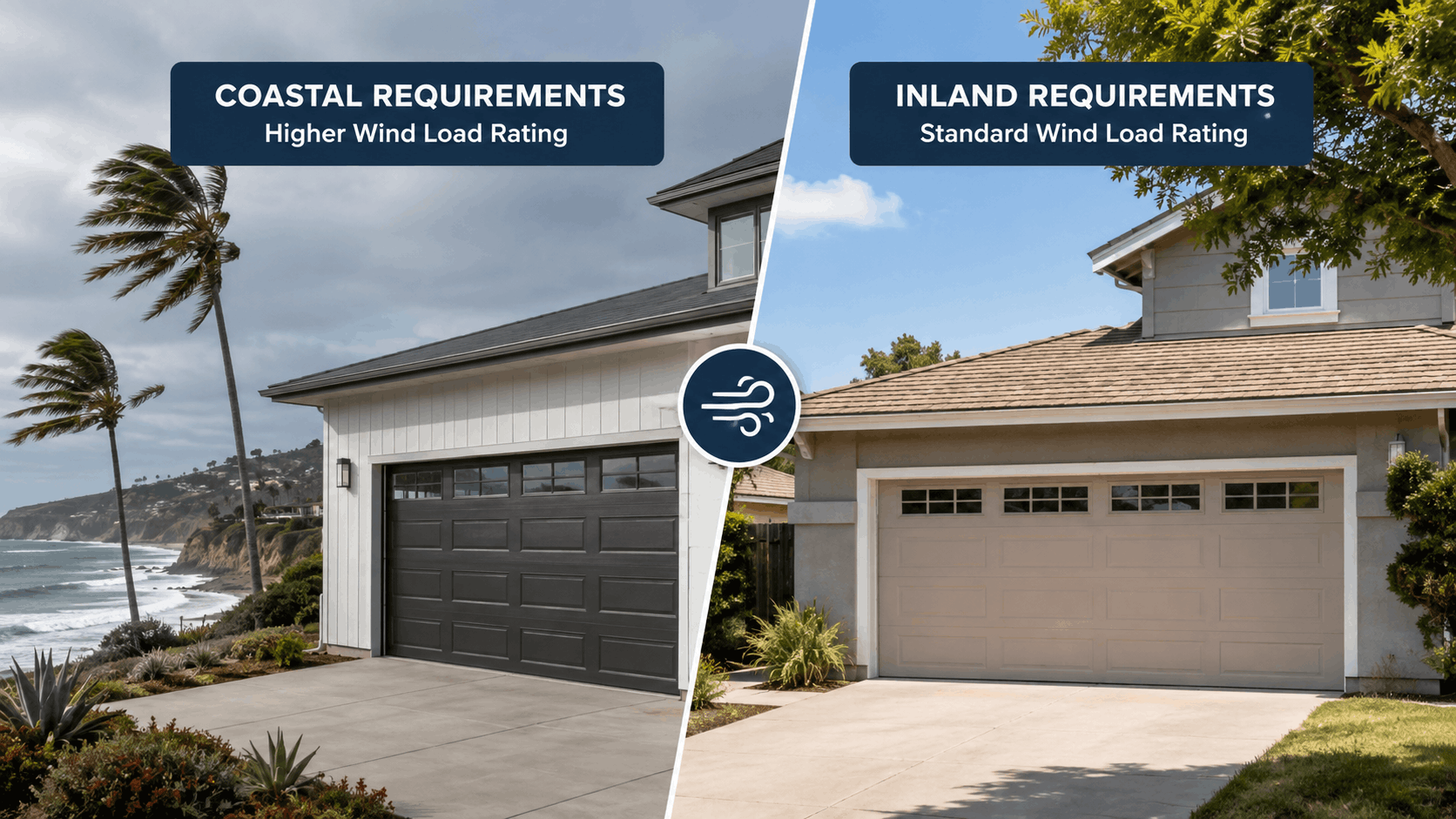 Coastal vs inland garage door wind load rating comparison Southern California homes