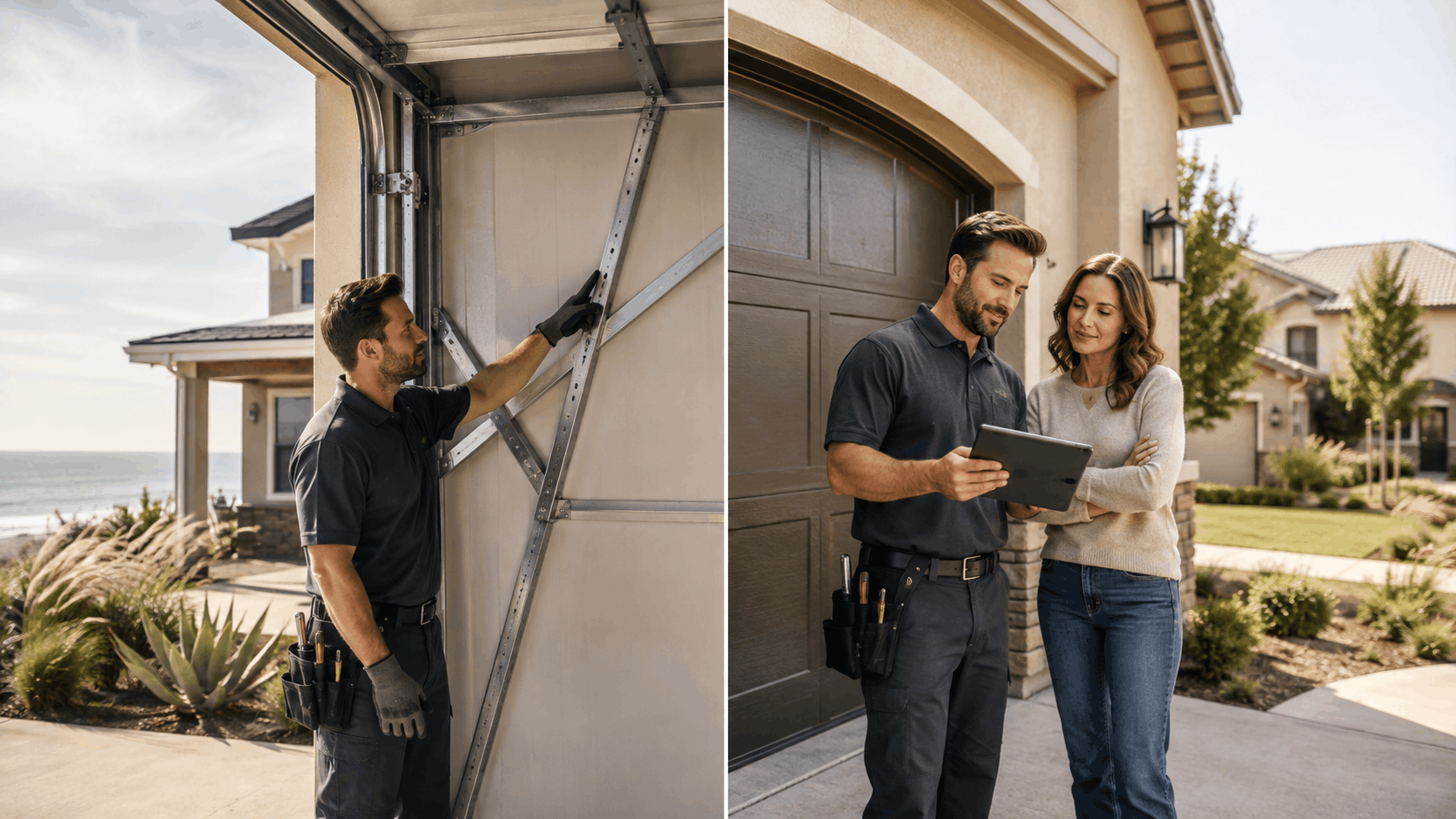 Garage door technician inspecting coastal home installation alongside inland homeowner consultation tablet