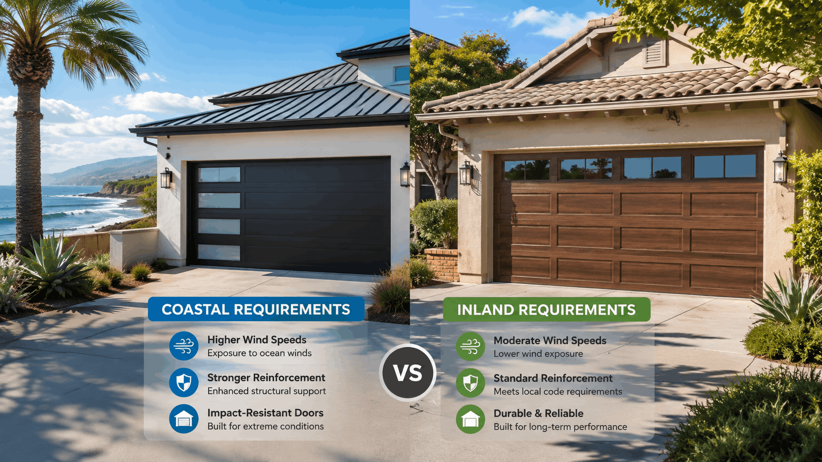 Coastal vs inland garage door requirements comparison showing wind resistance and reinforcement standards