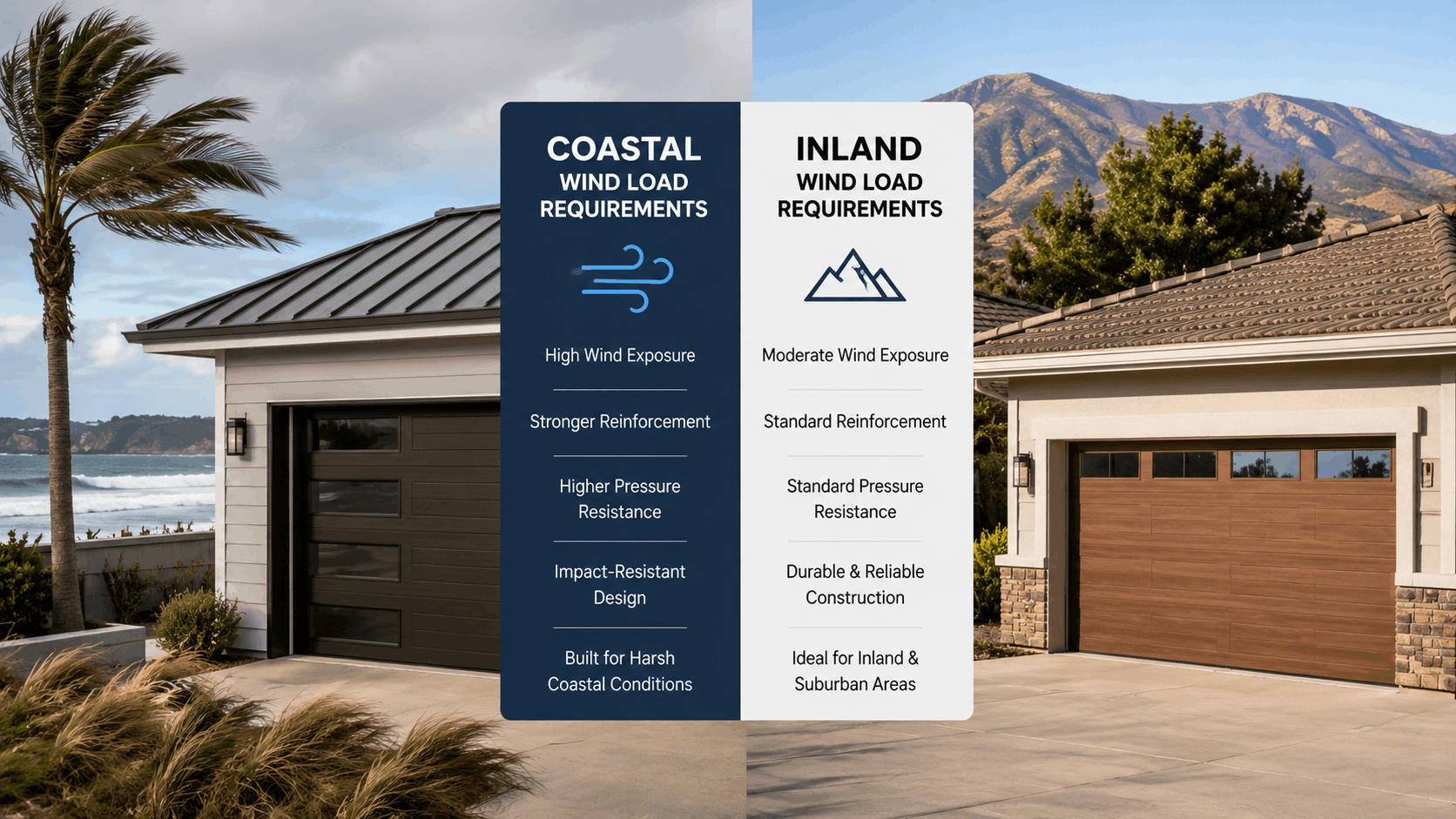 Coastal vs inland garage door wind load requirements comparison chart Irvine homeowners