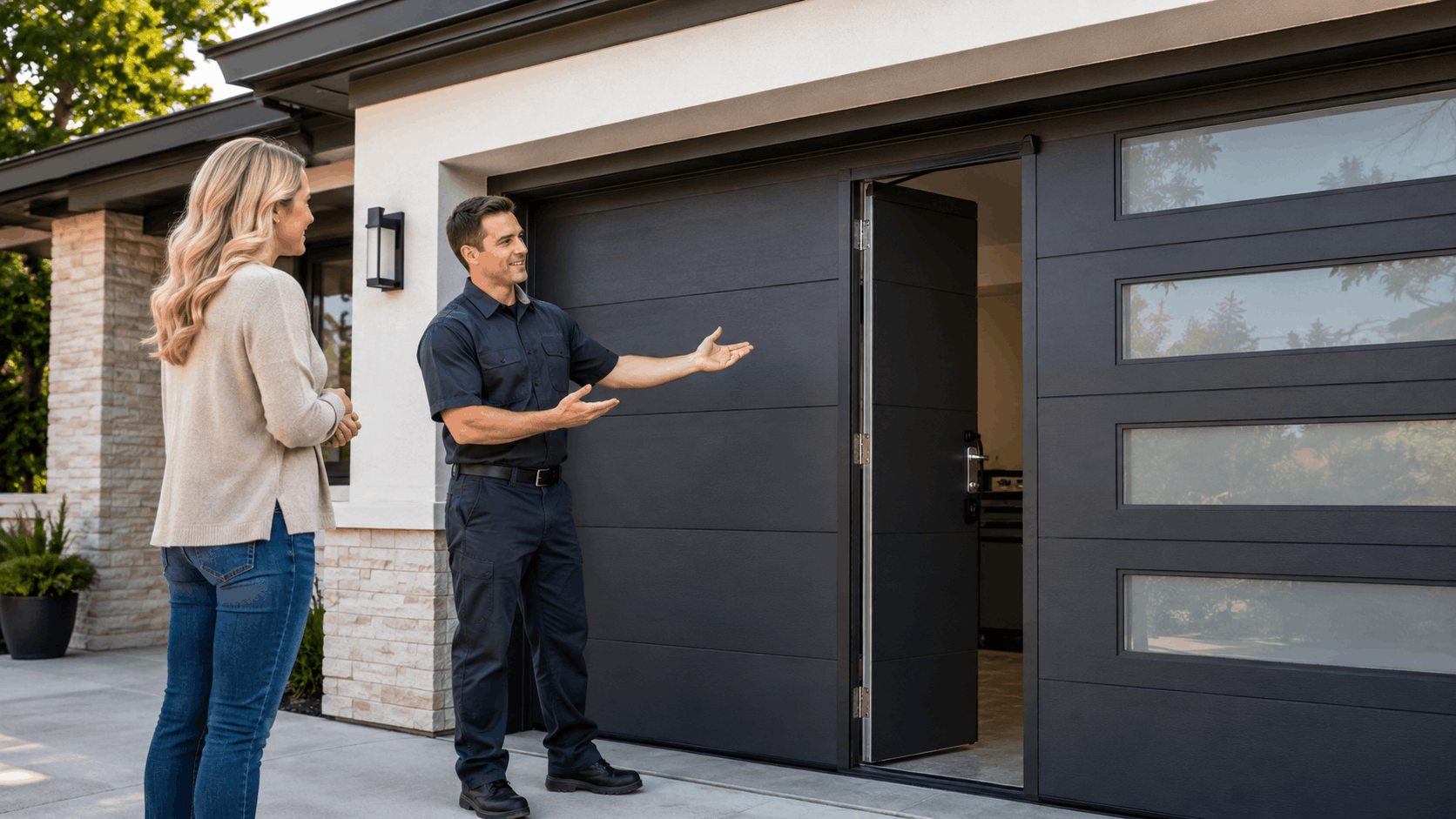 Garage door technician showing homeowner a pedestrian pass door installation in Irvine