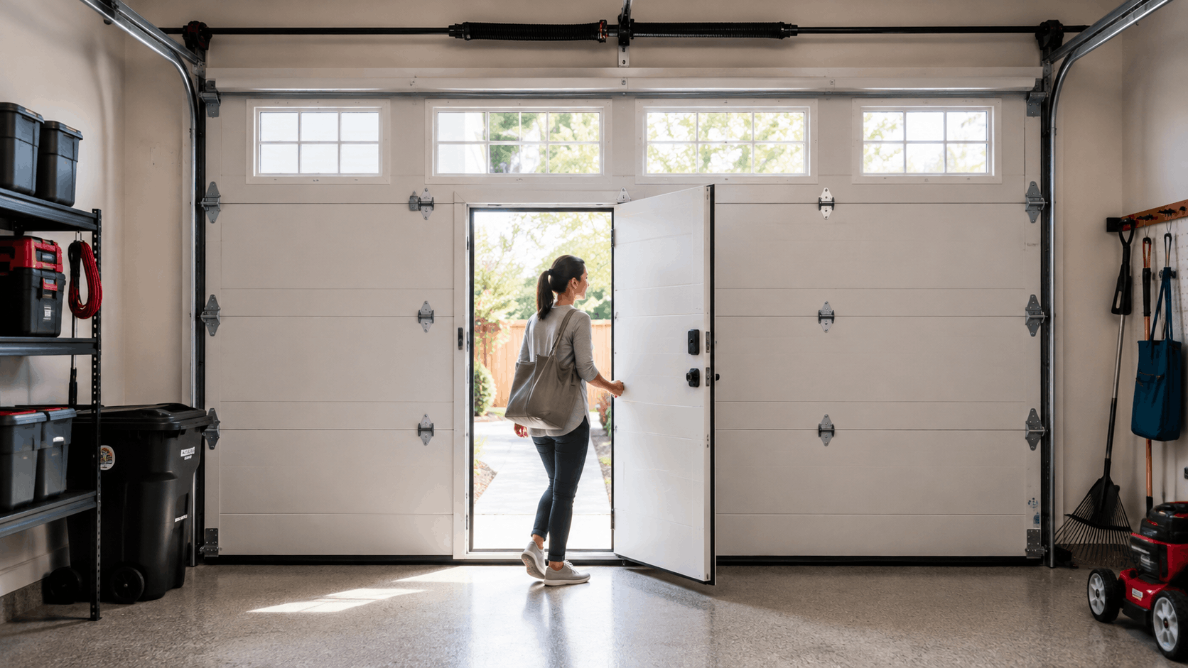 Woman exiting Irvine home garage through pedestrian door with tote bag