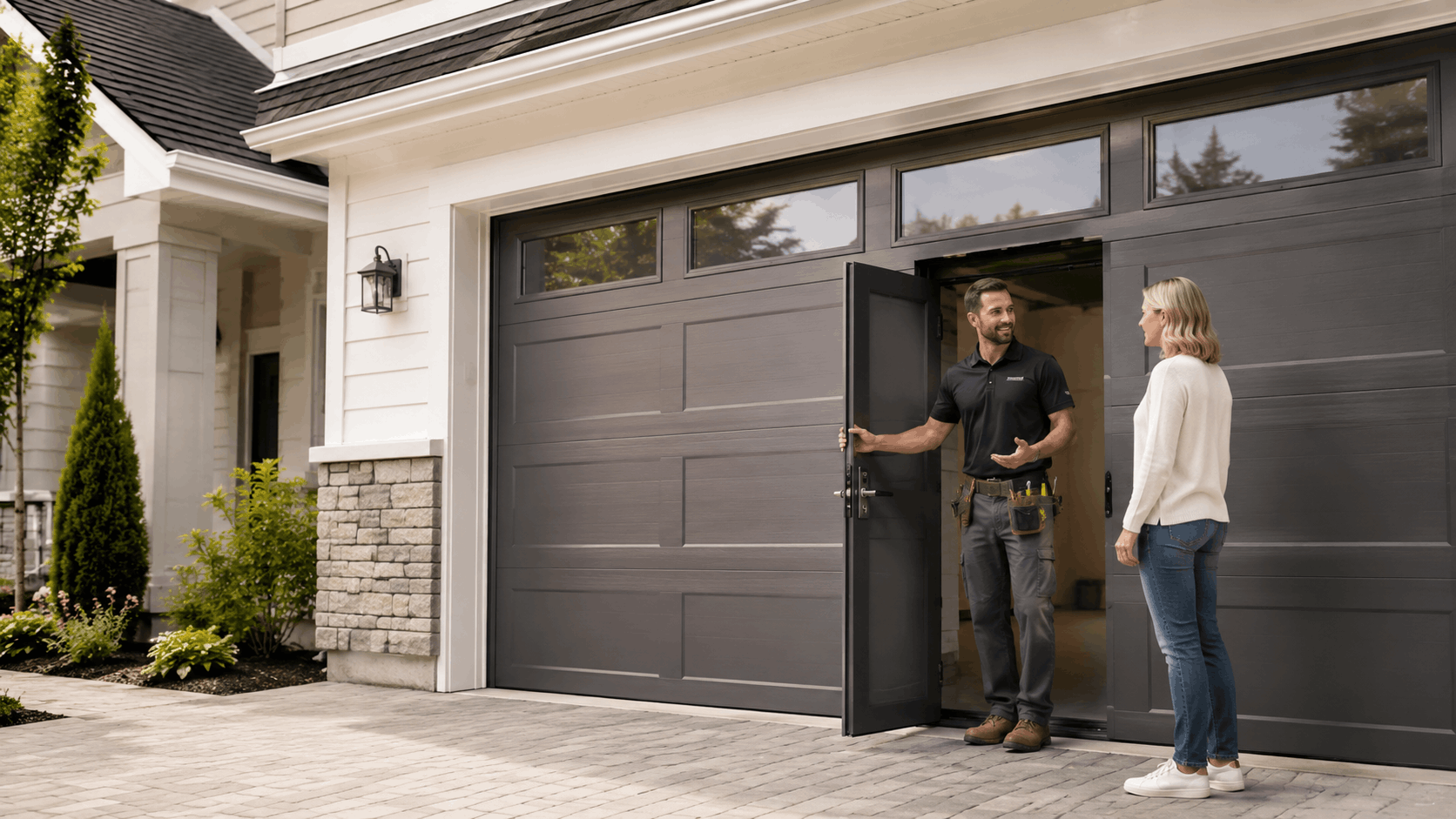 Garage door technician showing homeowner new dark gray door with windows in Irvine