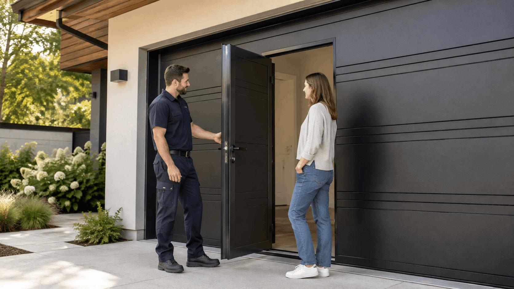 Garage door technician greeting homeowner at modern black garage door installation Irvine