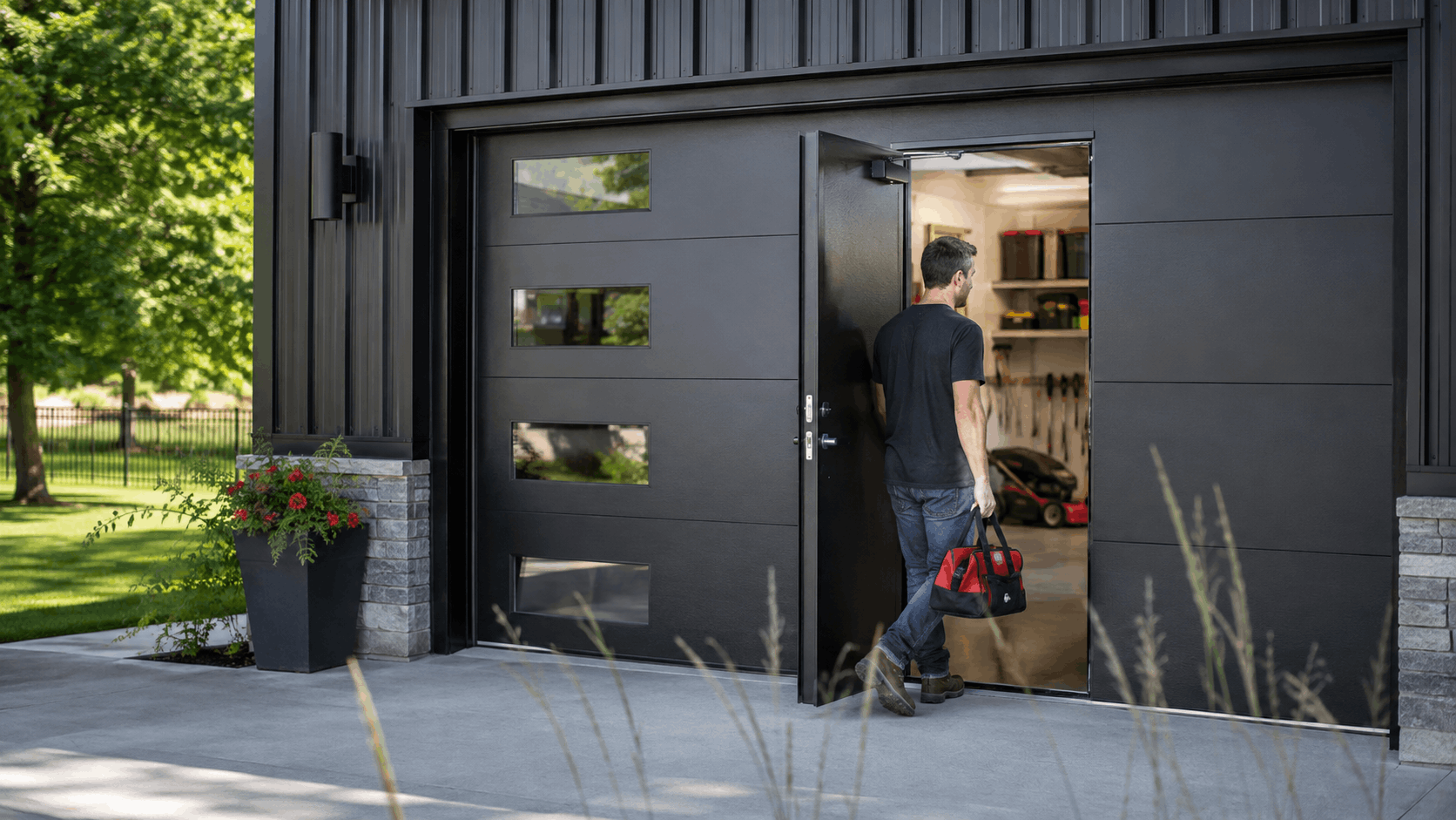 Man carrying tool bag entering modern dark gray garage with glass panel door