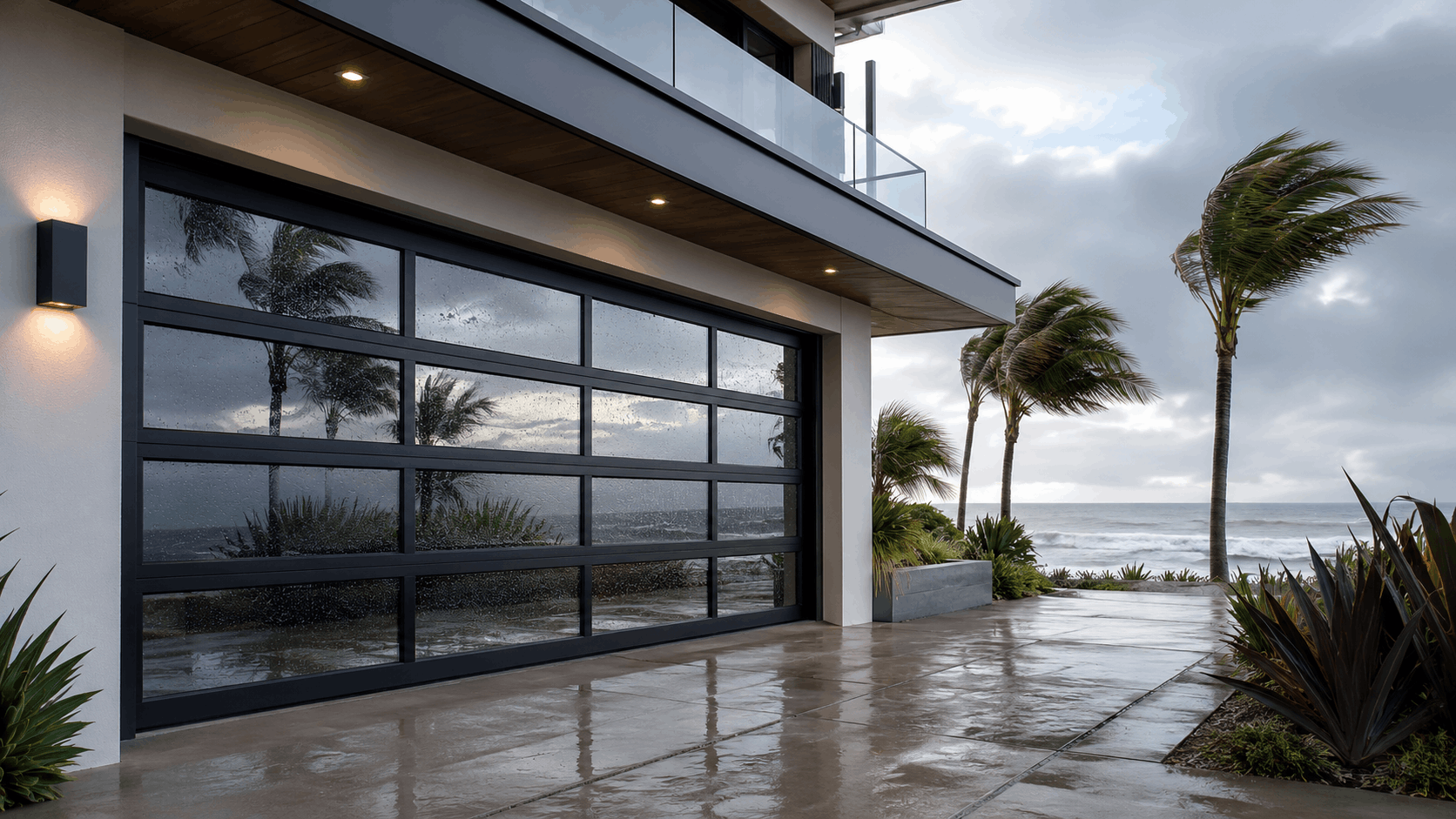 Modern wind-rated glass panel garage door on coastal Orange County home during storm