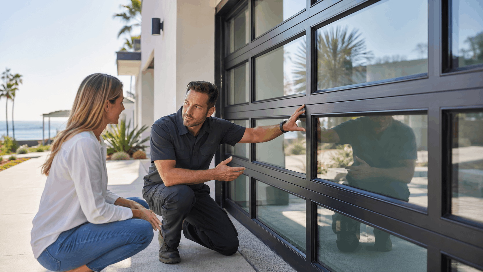Garage door technician inspecting coastal home glass panel garage door with homeowner