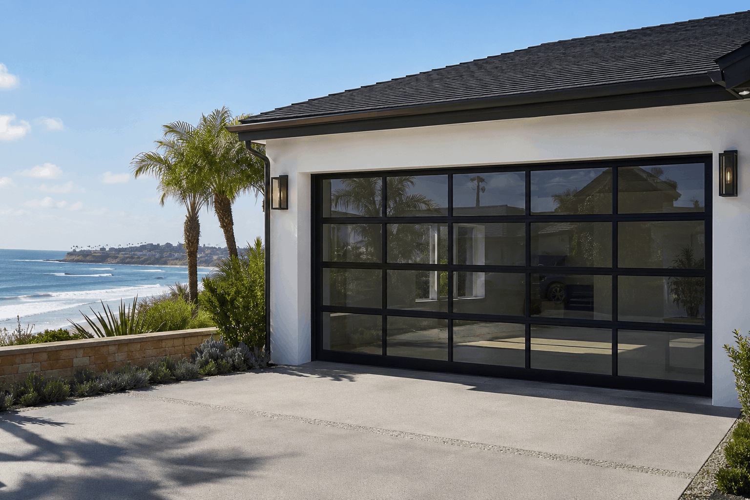 Modern black aluminum full-view glass garage door on coastal Irvine home with ocean view