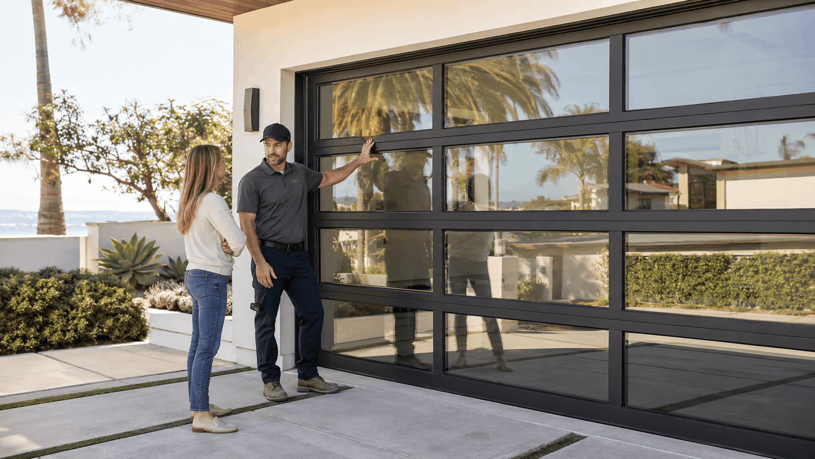 Garage door technician explaining modern glass panel garage door to Irvine homeowner
