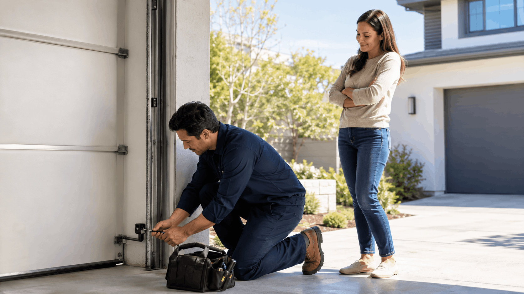 Garage door technician repairing bottom track while homeowner watches in Irvine driveway
