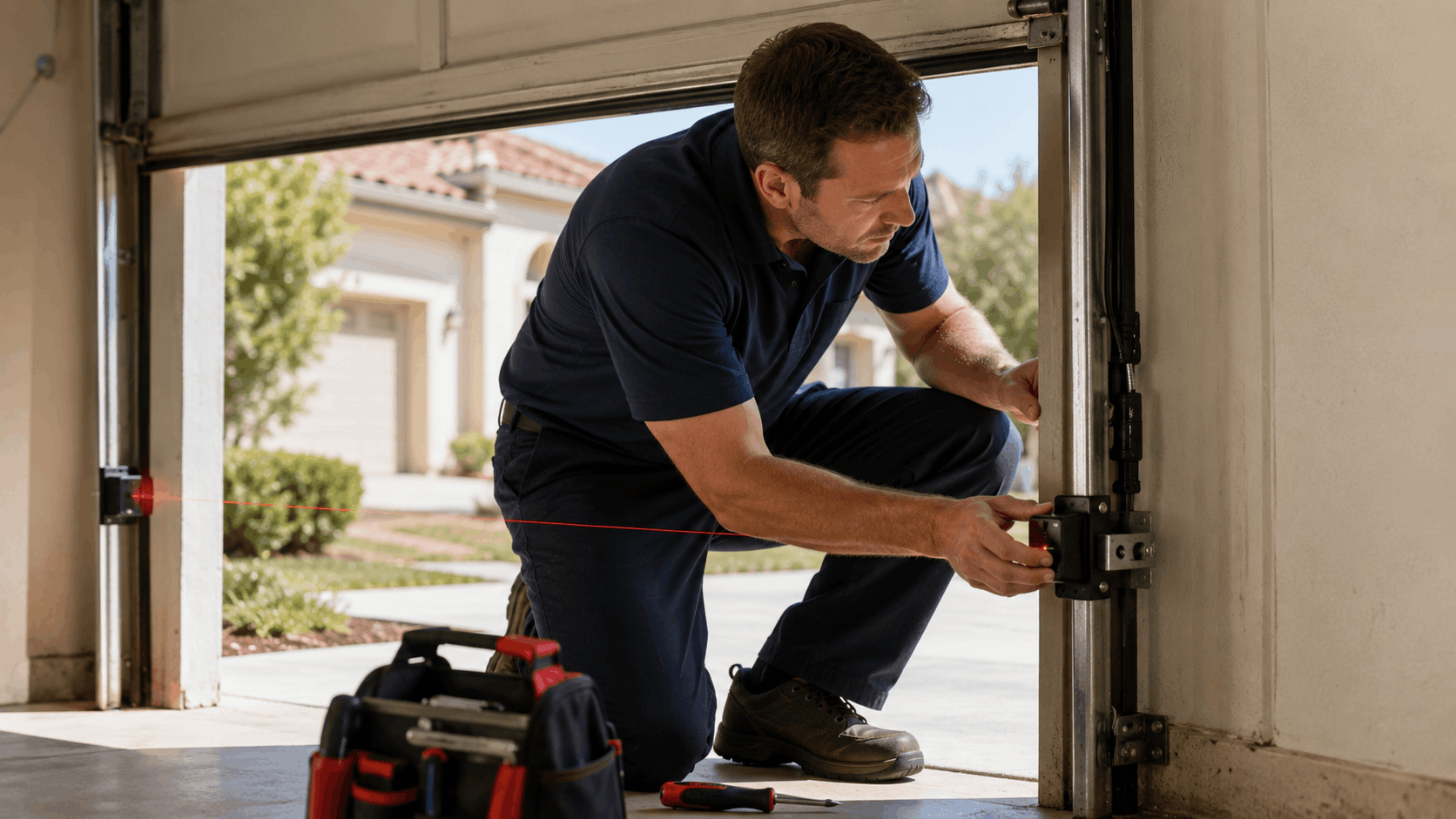 Technician adjusting garage door safety sensor with red laser beam visible