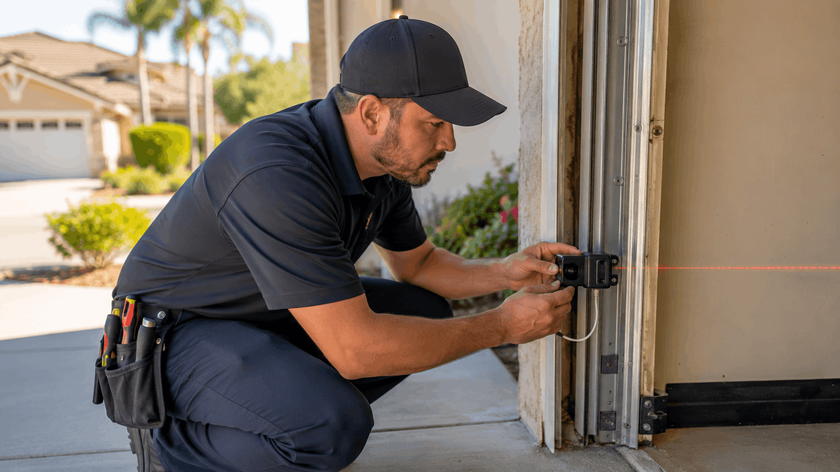 Garage door technician adjusting safety sensor with red laser beam in Irvine
