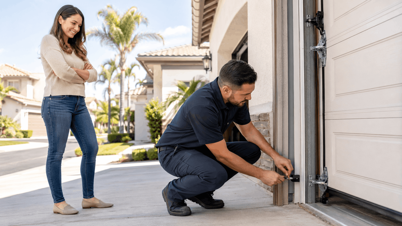 Garage door technician inspecting bottom sensor while homeowner watches in Irvine driveway
