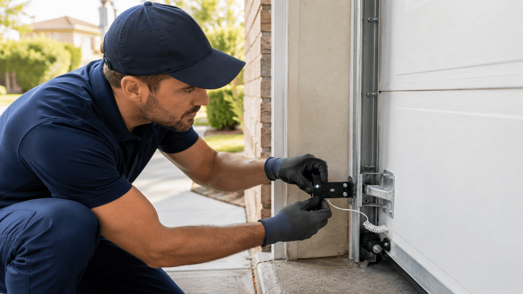 Garage door technician in uniform repairing hinge mechanism on white residential garage door