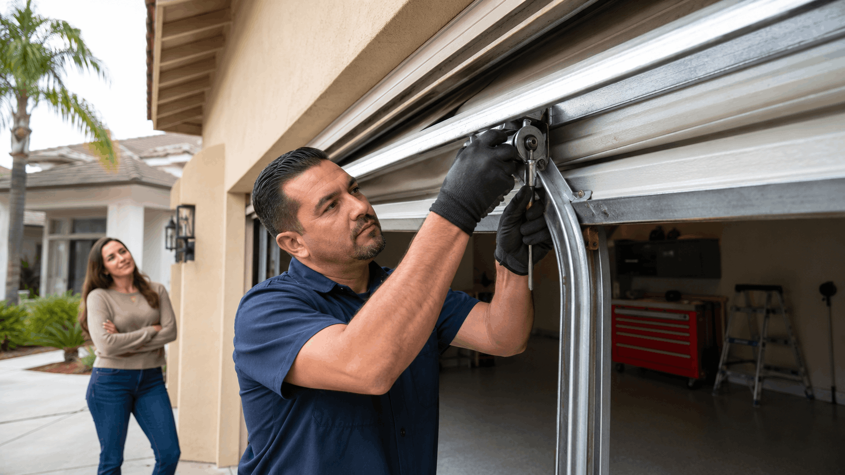 Technician repairing off-track garage door rollers while homeowner watches in Irvine