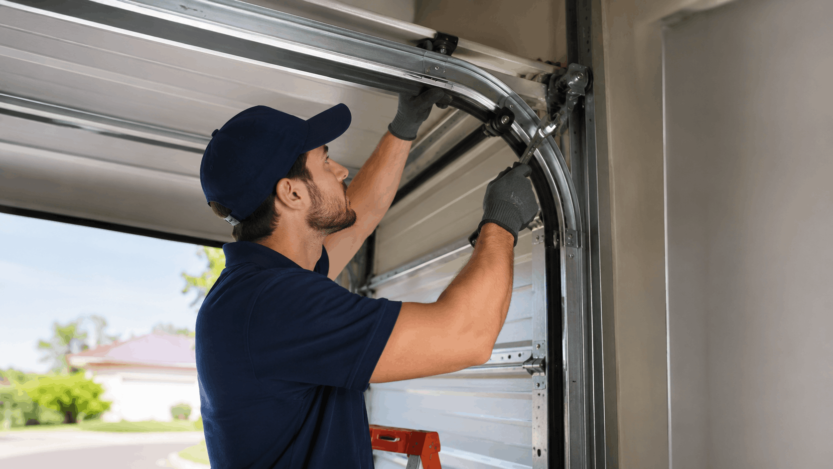 Garage door technician in navy uniform repairing overhead door track in Irvine home
