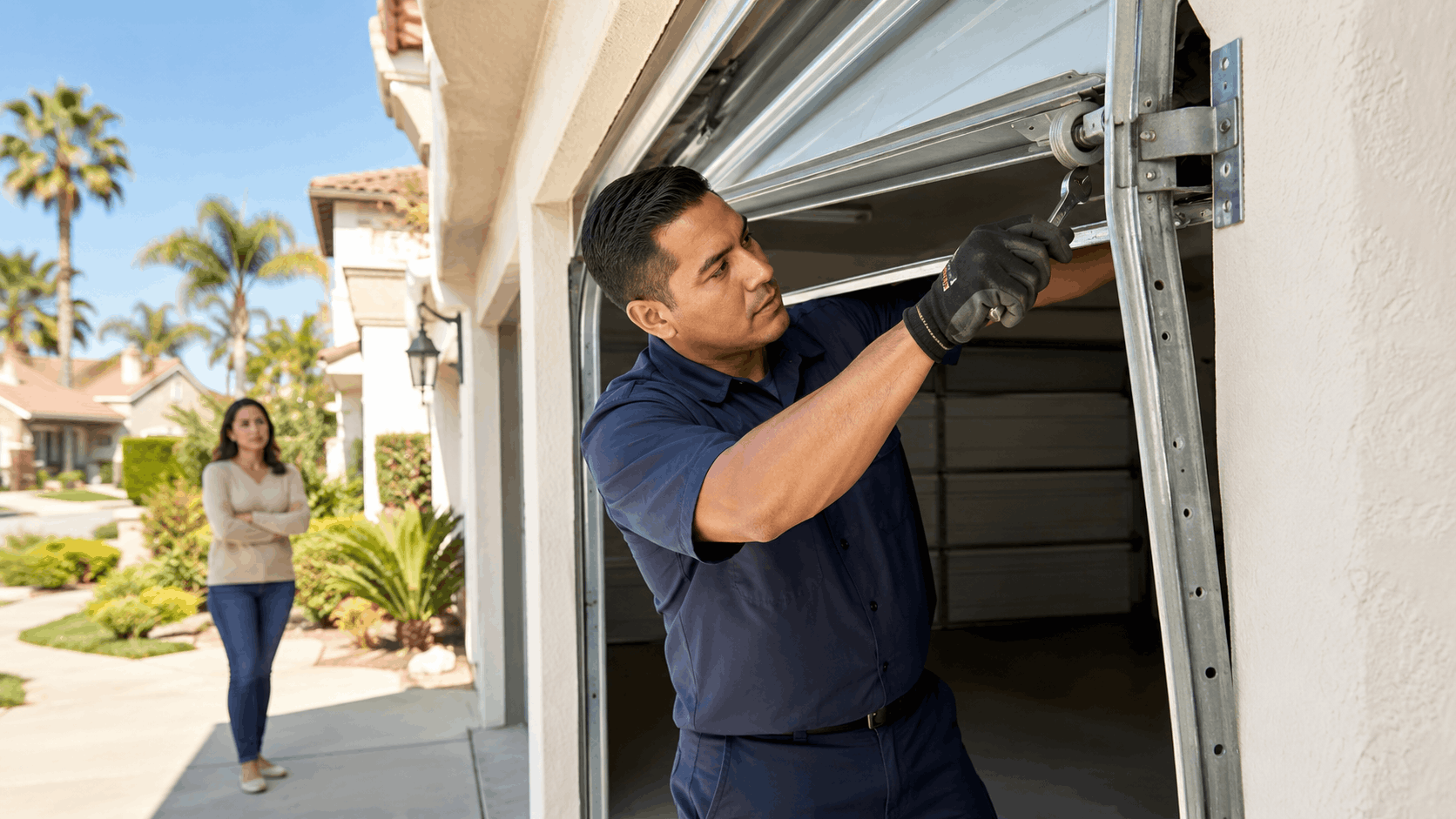 Garage door technician repairing off-track door mechanism while homeowner watches in Anaheim