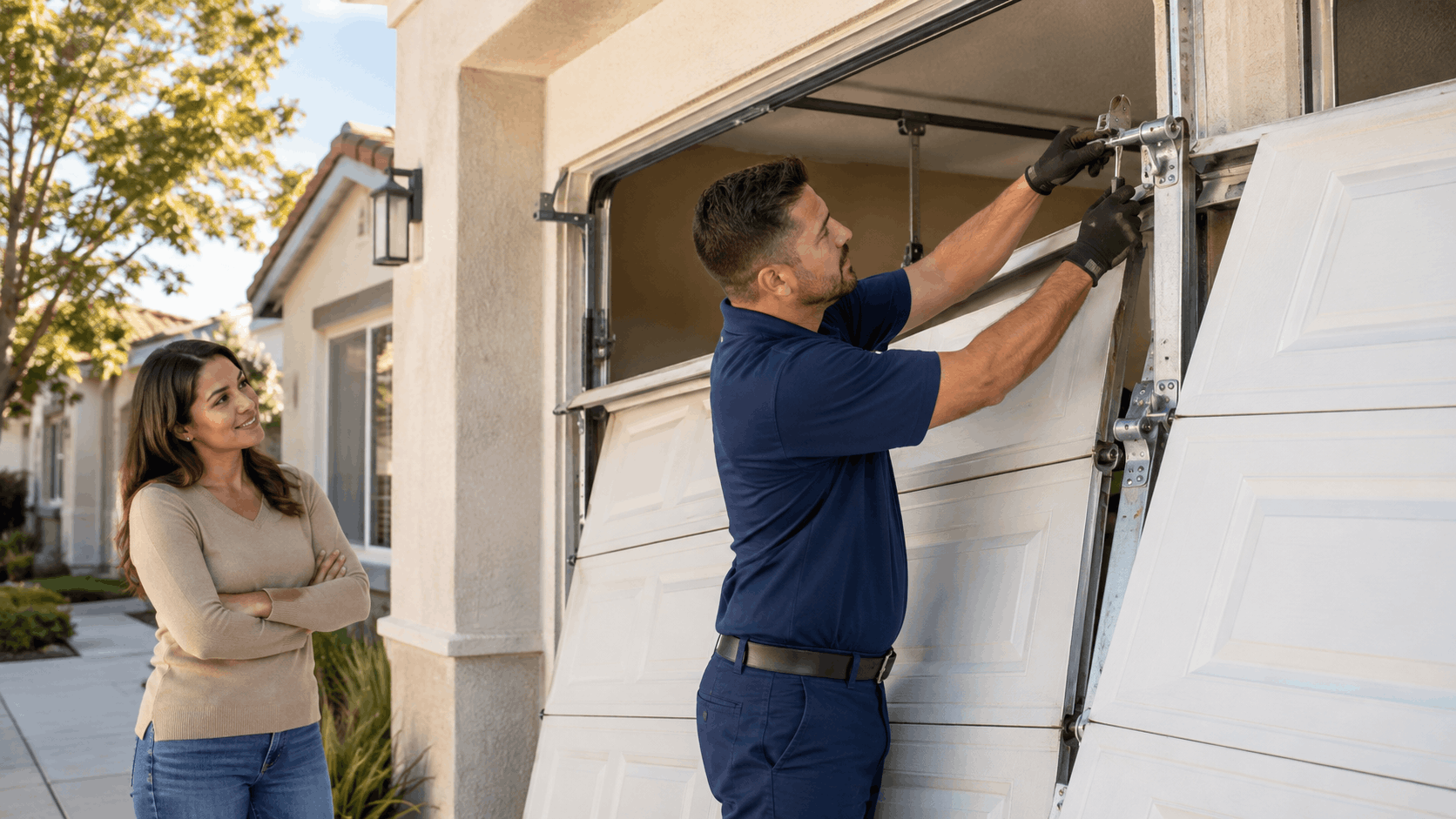 Garage door technician repairing off-track door while homeowner watches in Irvine