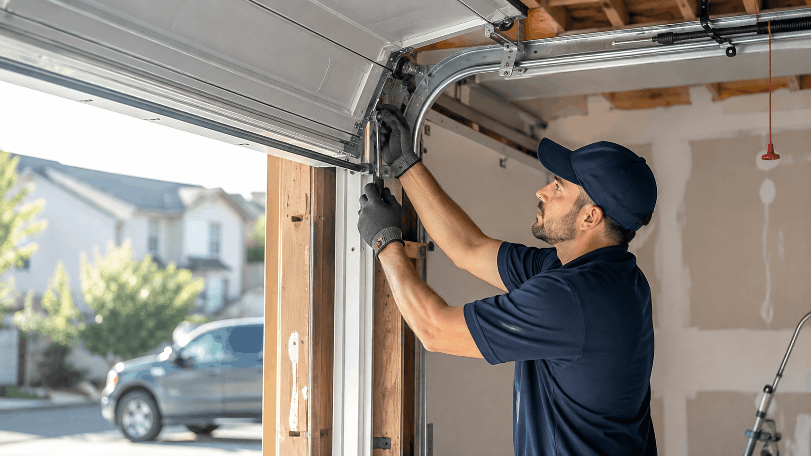 Professional garage door technician installing and repairing residential garage door track in Irvine