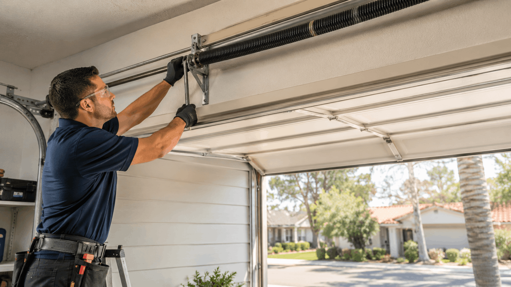 Technician inspecting garage door torsion spring system during professional repair service