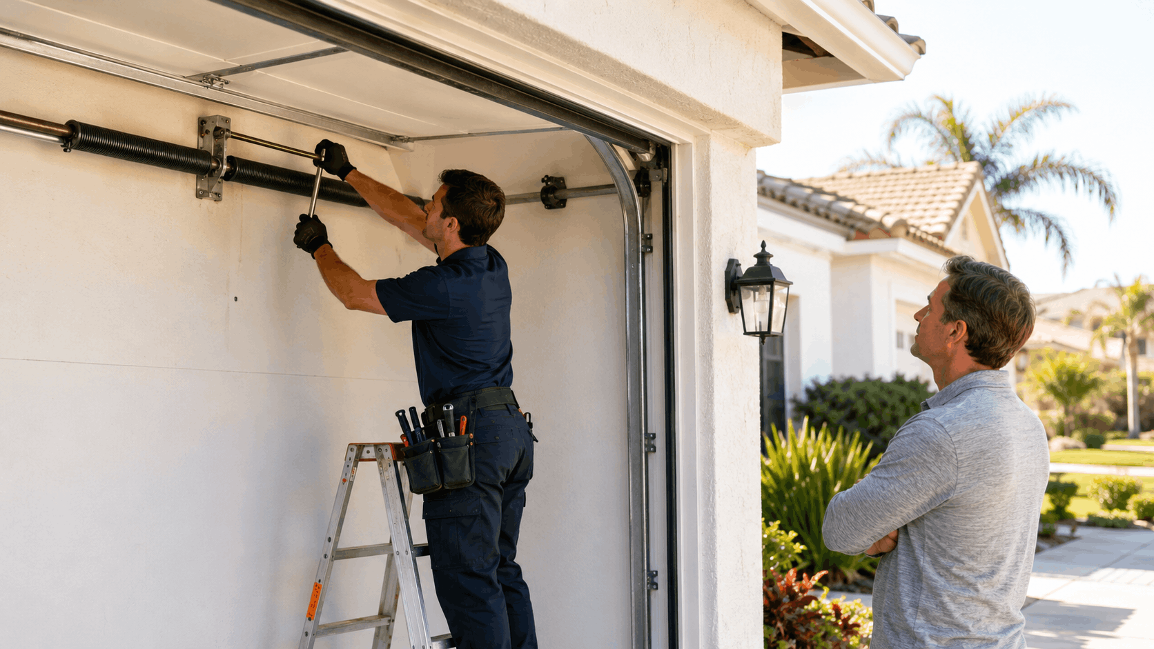 Garage door technician adjusting torsion springs while homeowner watches in Irvine