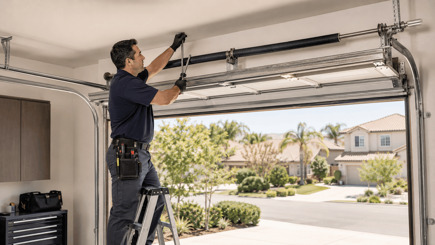 Garage door technician replacing torsion spring on ladder in Irvine home
